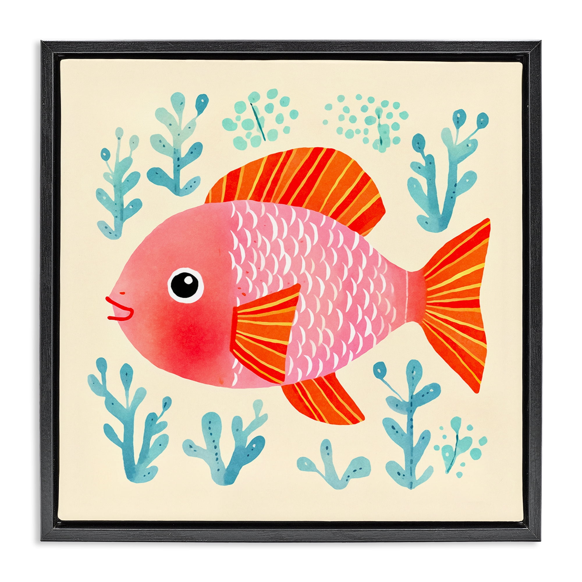 Stupell Industries Happy Fish & Seaweed Sprigs Animals Painting Black Floater Framed Canvas Art Print Wall Art, 25 x 25
