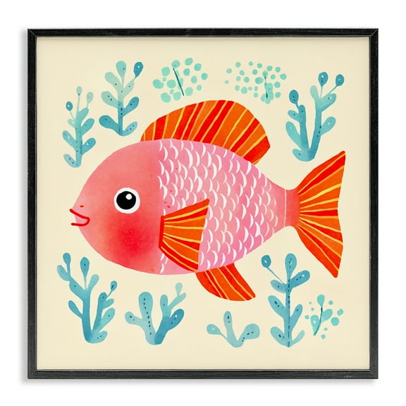 Stupell Industries Happy Fish & Seaweed Sprigs Animals Painting Black Framed Art Print Wall Art, 12 x 12