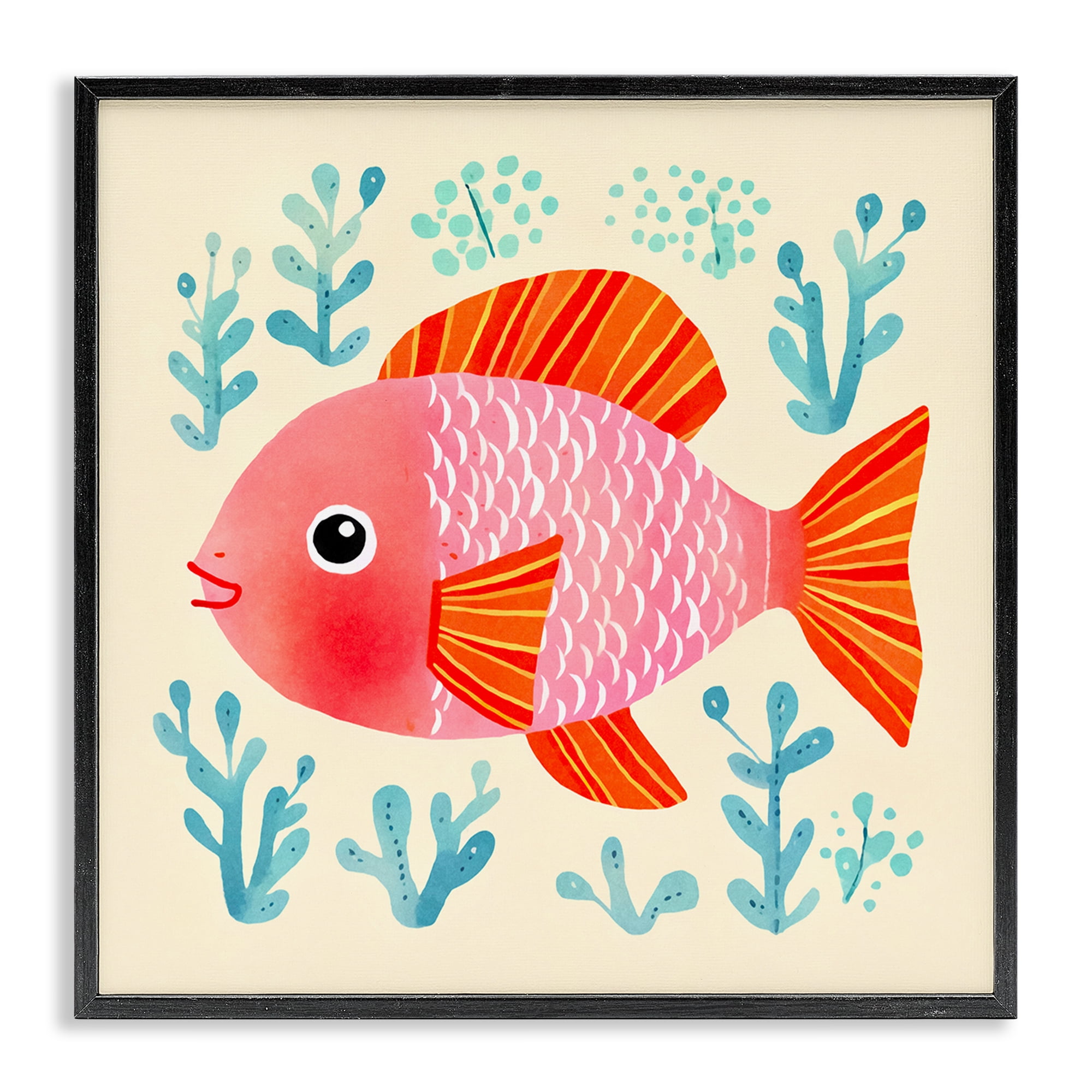 Stupell Industries Happy Fish & Seaweed Sprigs Animals Painting Black Framed Art Print Wall Art, 17 x 17