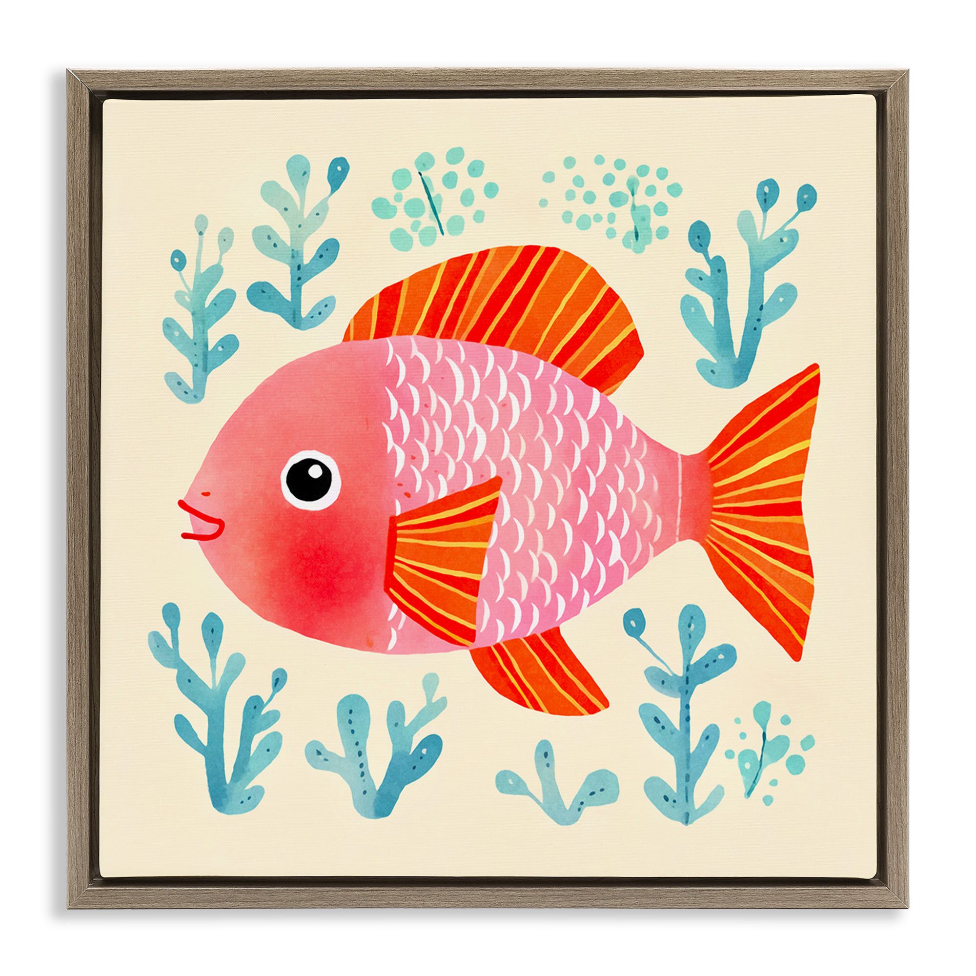 Stupell Industries Happy Fish & Seaweed Sprigs Animals Painting Brown Floater Framed Canvas Art Print Wall Art, 25 x 25