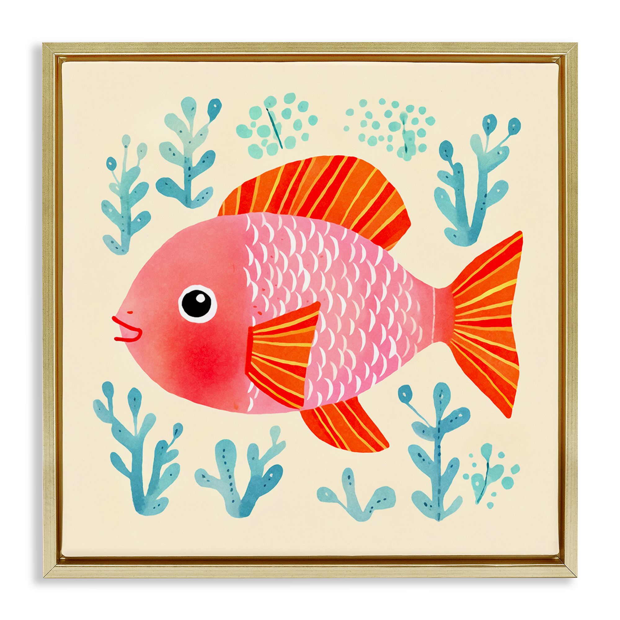 Stupell Industries Happy Fish & Seaweed Sprigs Animals Painting Gold Floater Framed Canvas Art Print Wall Art, 18 x 18