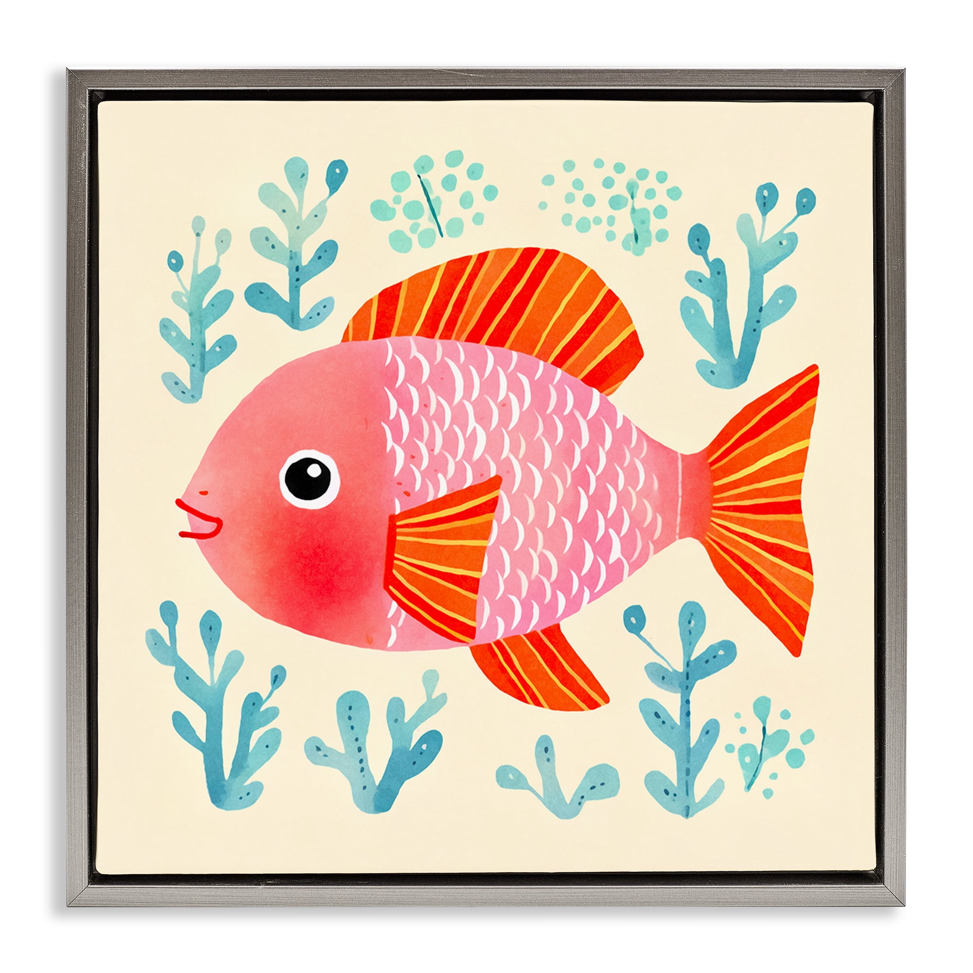 Stupell Industries Happy Fish & Seaweed Sprigs Animals Painting Gray Floater Framed Canvas Art Print Wall Art, 18 x 18