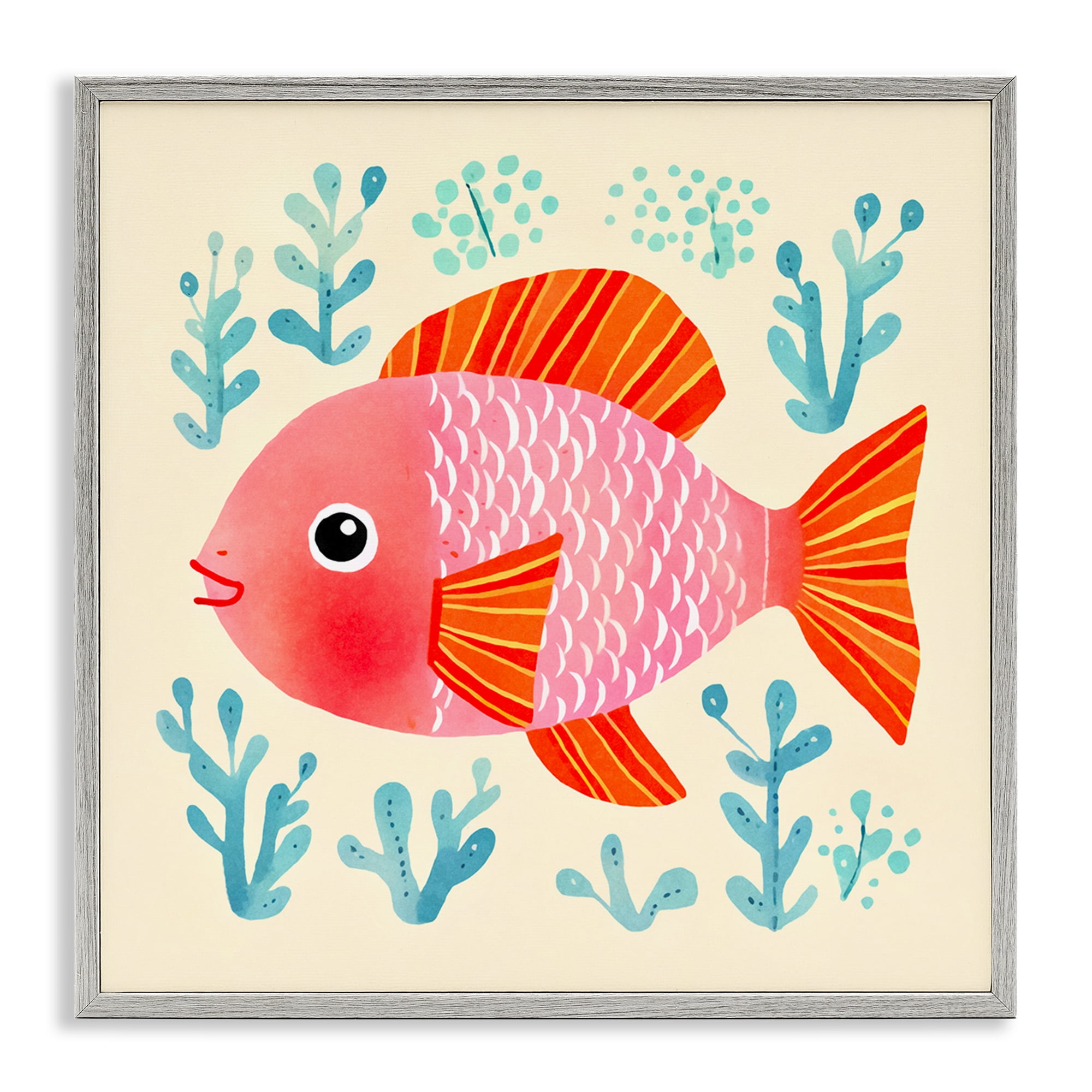 Stupell Industries Happy Fish & Seaweed Sprigs Animals Painting Gray Framed Art Print Wall Art, 12 x 12