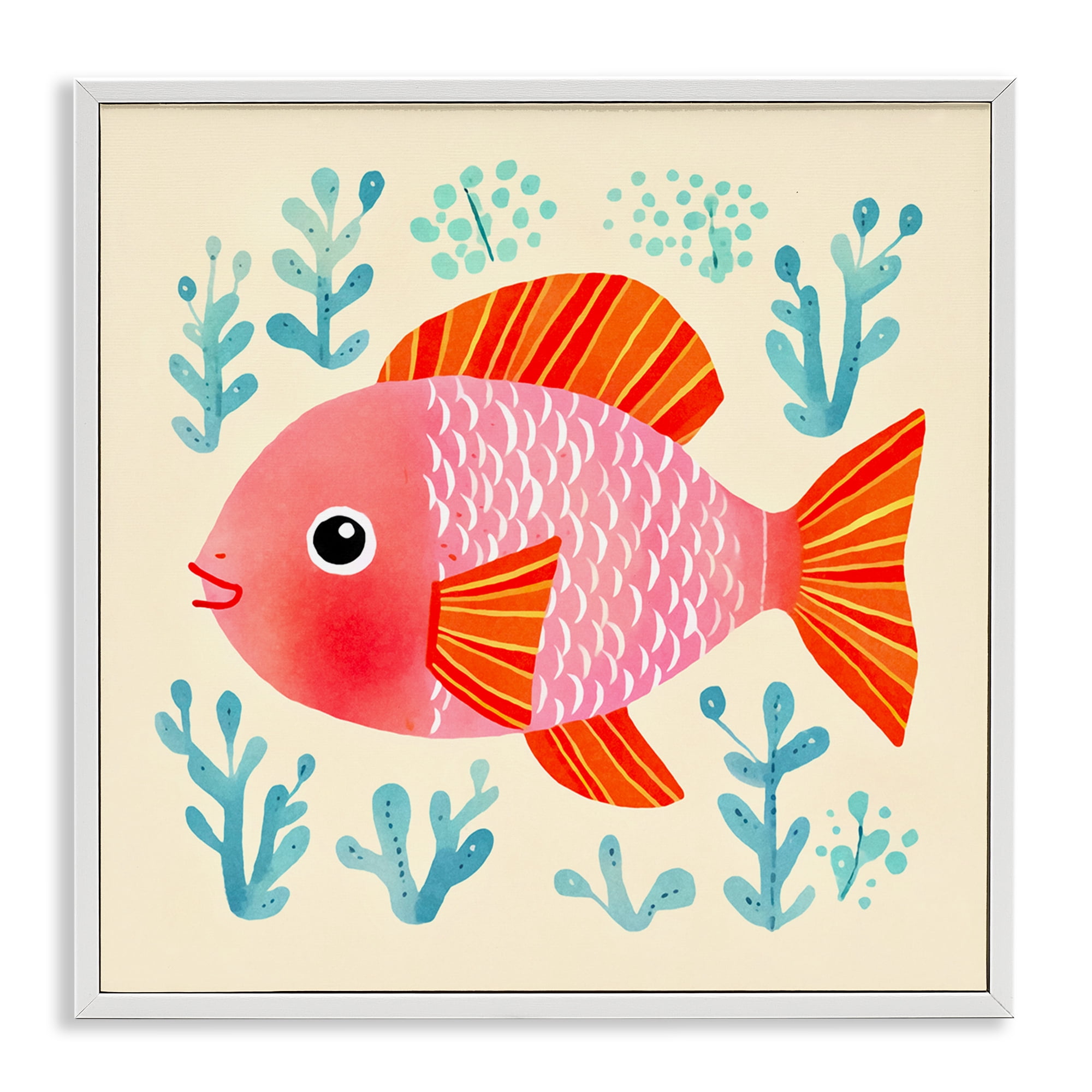 Stupell Industries Happy Fish & Seaweed Sprigs Animals Painting White Framed Art Print Wall Art, 24 x 24