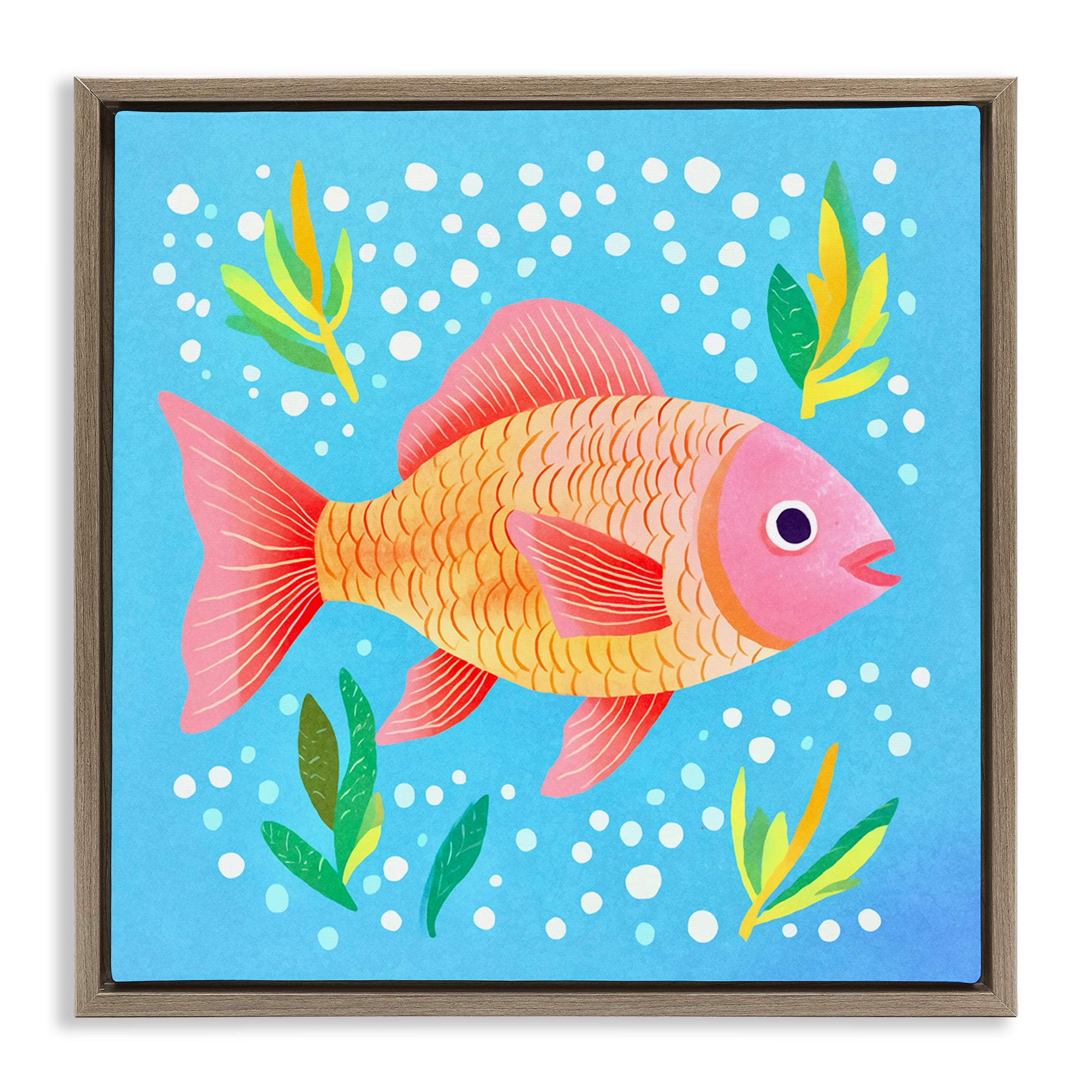 Stupell Industries Happy Fish Underwater Animals Painting Brown Floater Framed Canvas Art Print Wall Art, 25 x 25