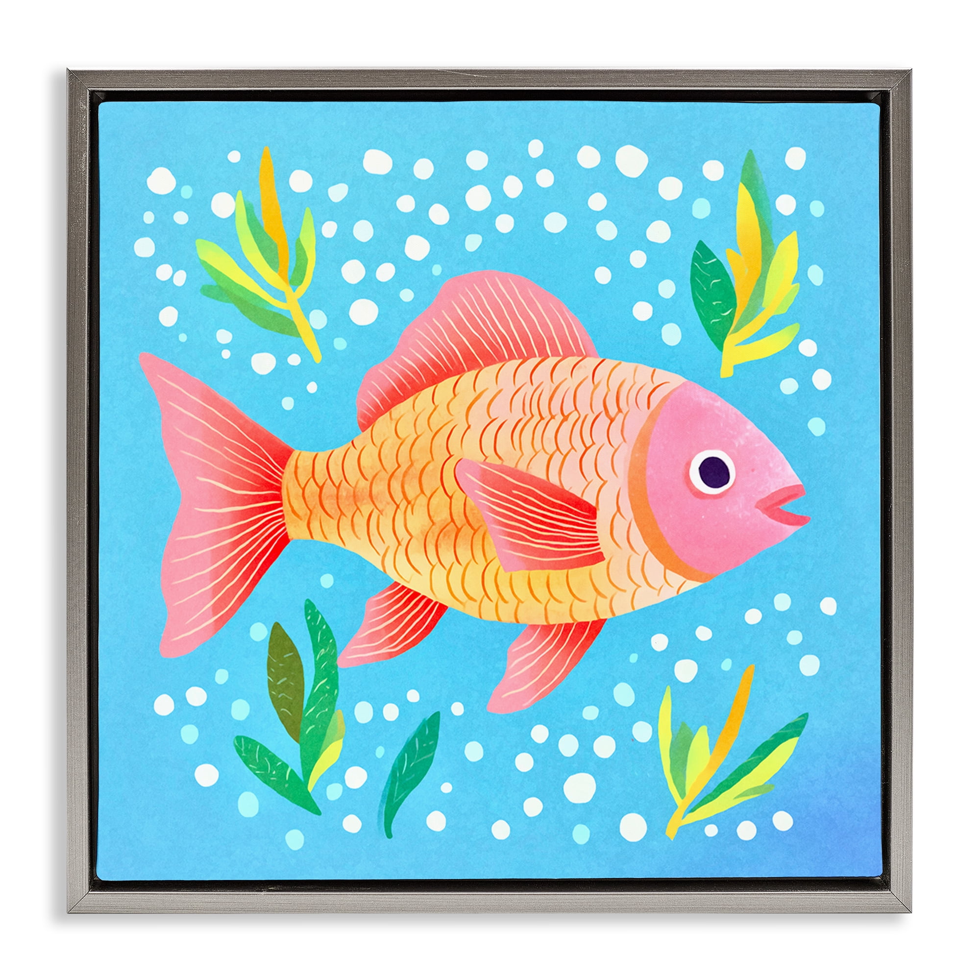 Stupell Industries Happy Fish Underwater Animals Painting Gray Floater Framed Canvas Art Print Wall Art, 25 x 25