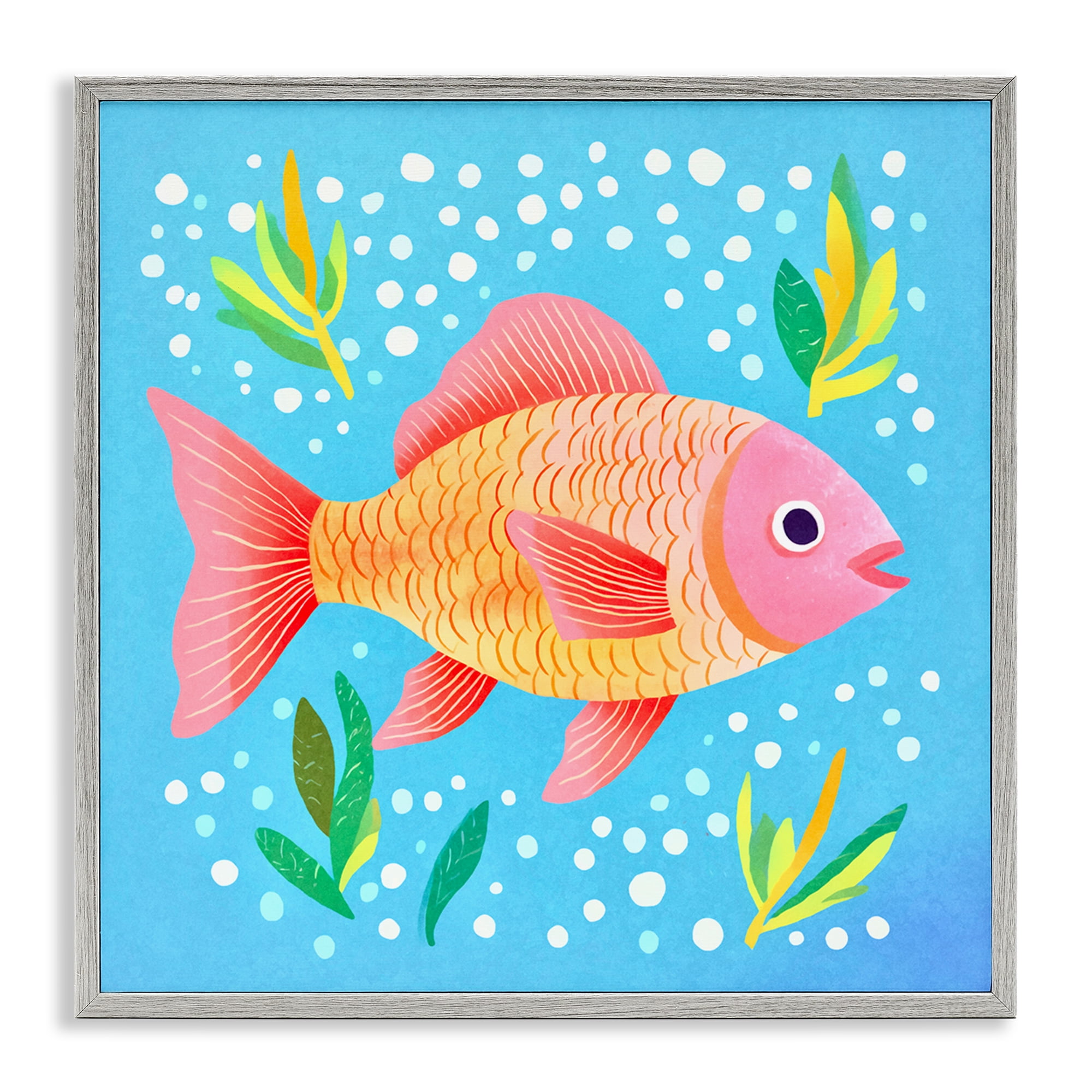 Stupell Industries Happy Fish Underwater Animals Painting Gray Framed Art Print Wall Art, 24 x 24