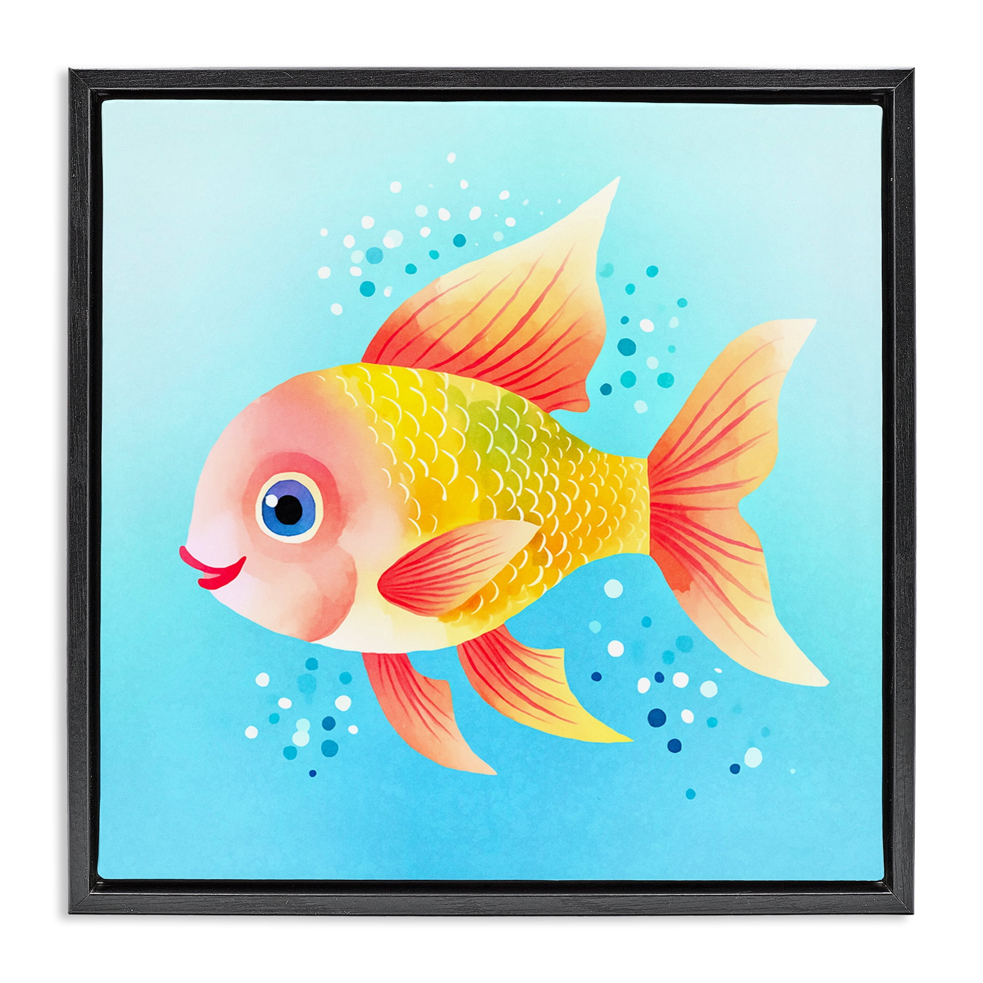 Stupell Industries Happy Fish with Speckles Animals Painting Black Floater Framed Canvas Art Print Wall Art, 18 x 18