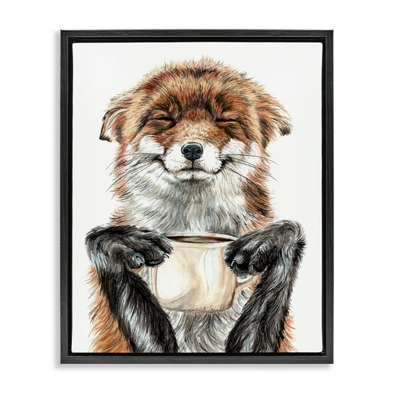 Stupell Industries Happy Fox with Coffee Animals Painting Black Floater Framed Canvas Art Print Wall Art, 17 x 21