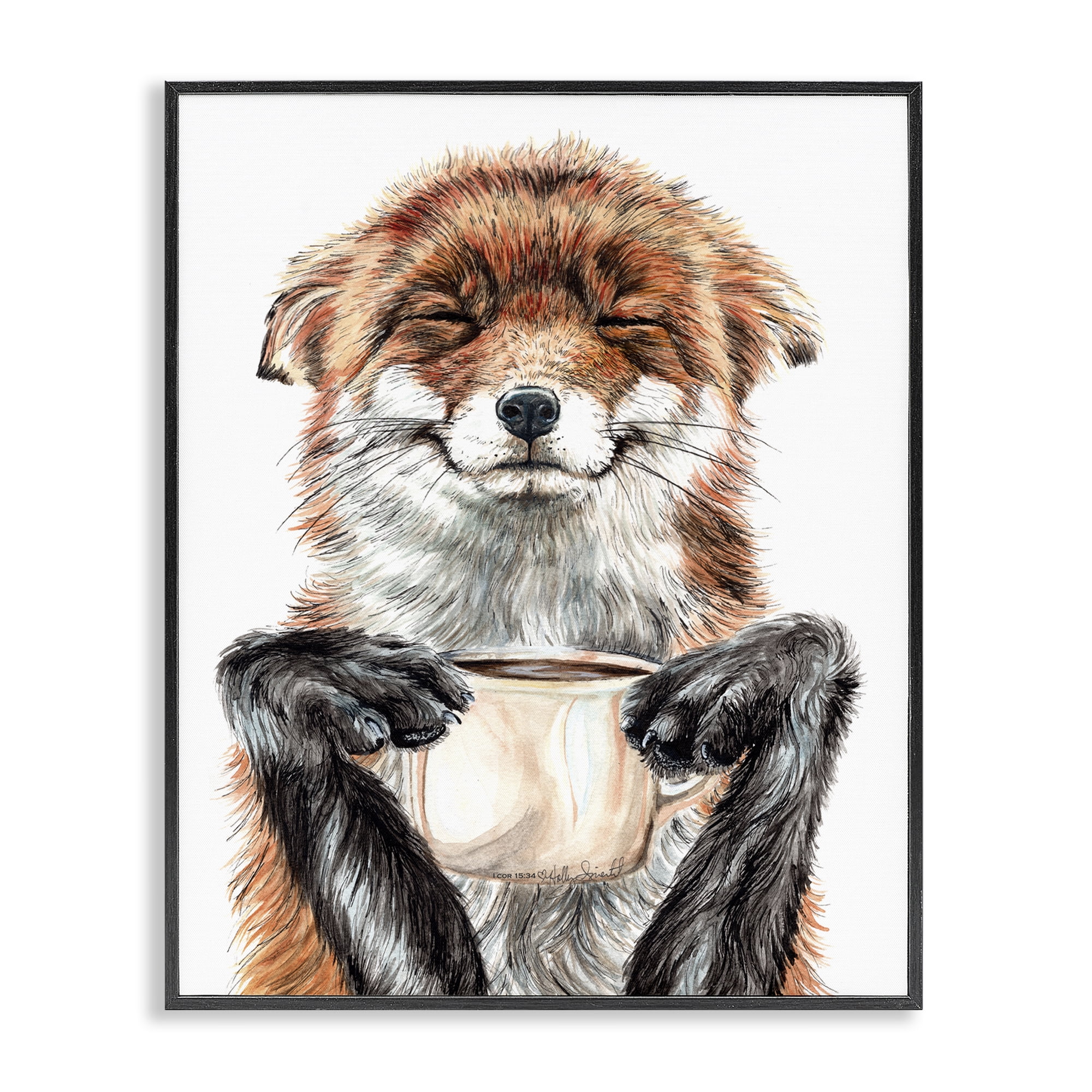 Stupell Industries Happy Fox with Coffee Animals Painting Black Framed Art Print Wall Art, 16 x 20