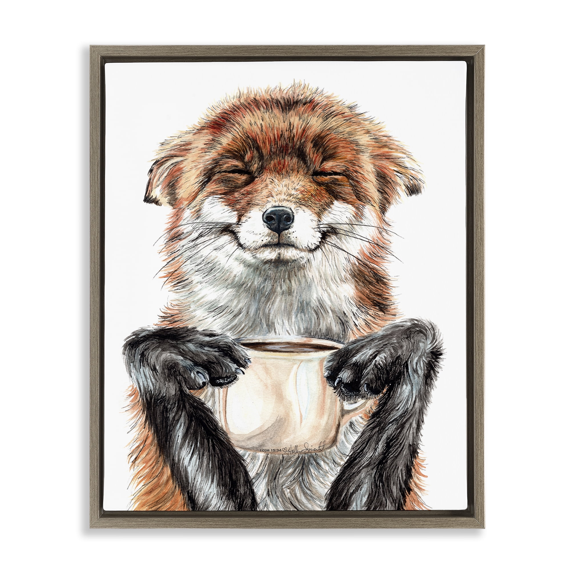Stupell Industries Happy Fox with Coffee Animals Painting Brown Floater Framed Canvas Art Print Wall Art, 31 x 25