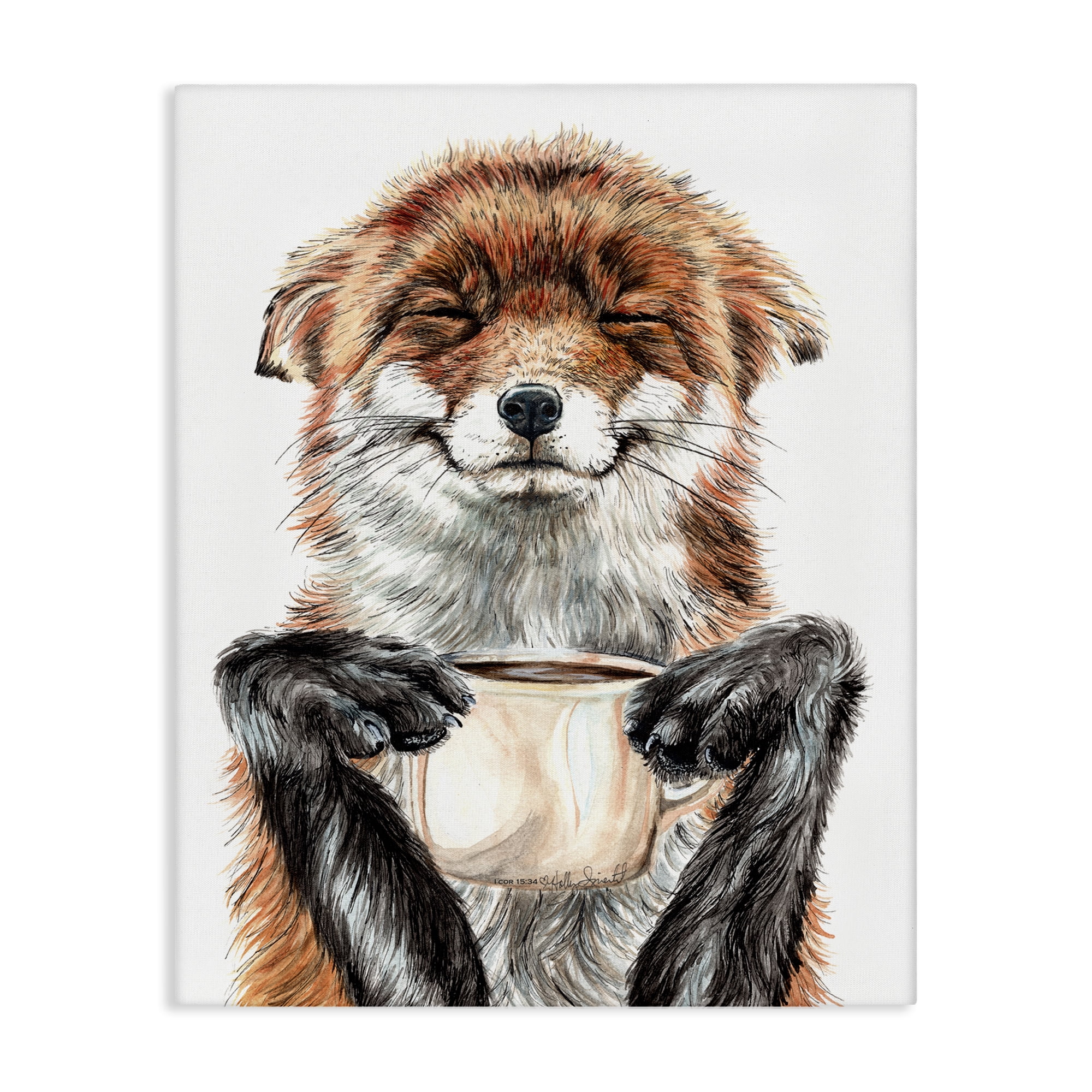 Stupell Industries Happy Fox with Coffee Animals Painting Wrapped Canvas Canvas Art Print Wall Art, 30 x 40