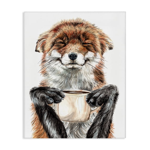 Stupell Industries Happy Fox with Coffee Animals Painting Wrapped Canvas Canvas Art Print Wall Art, 30 x 40