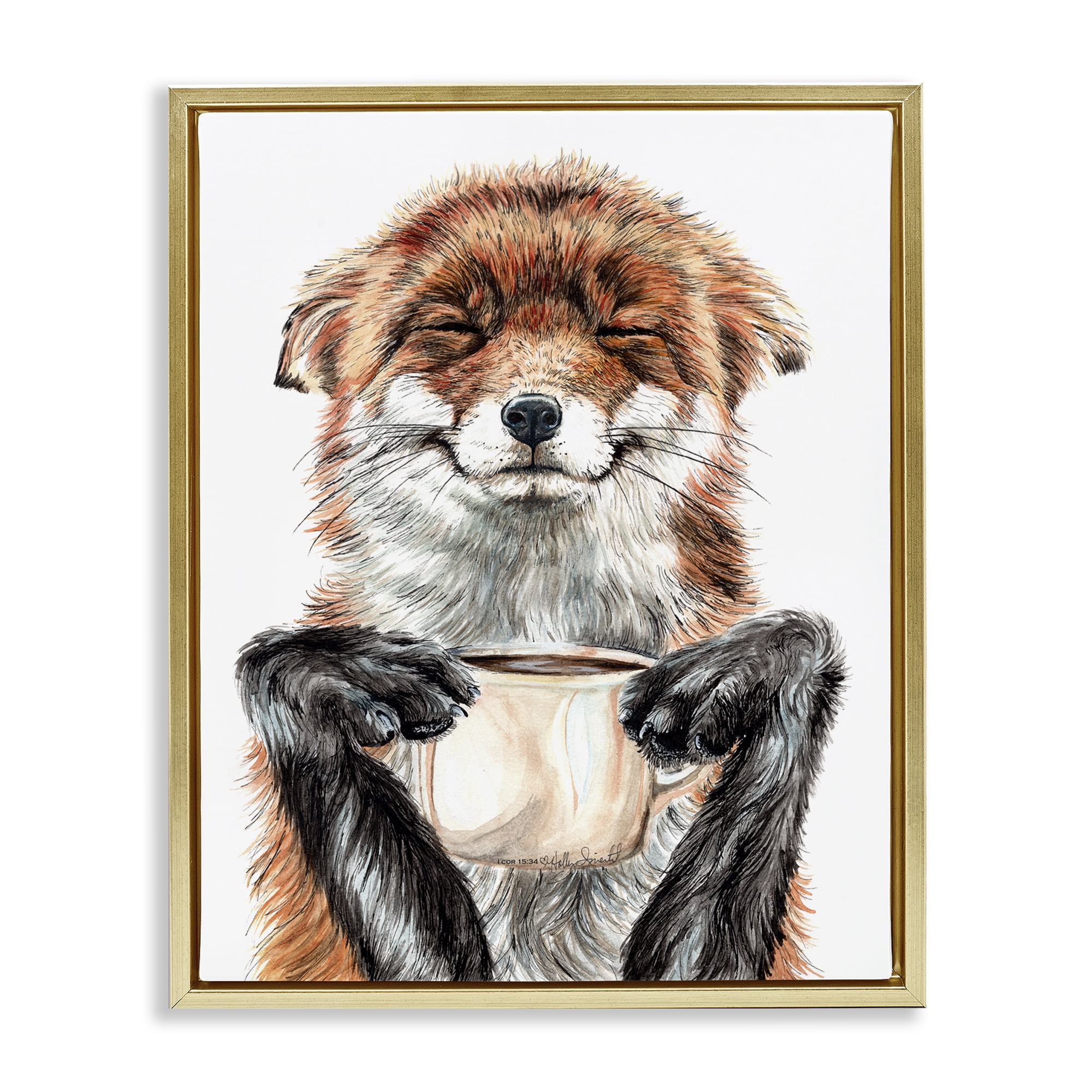 Stupell Industries Happy Fox with Coffee Animals Painting Gold Floater Framed Canvas Art Print Wall Art, 21 x 17