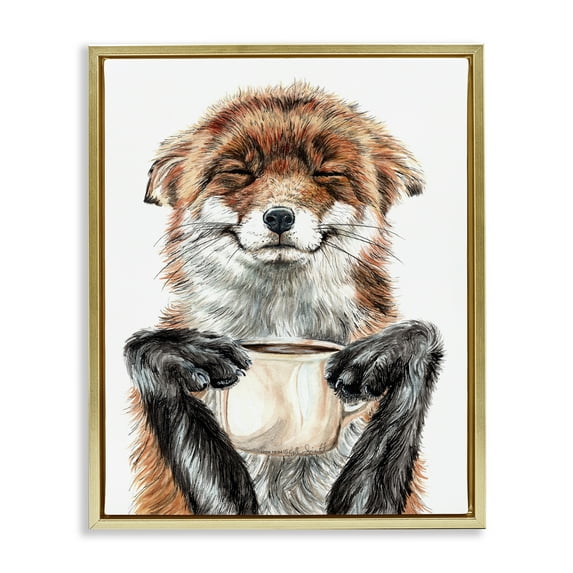 Stupell Industries Happy Fox with Coffee Animals Painting Gold Floater Framed Canvas Art Print Wall Art, 21 x 17