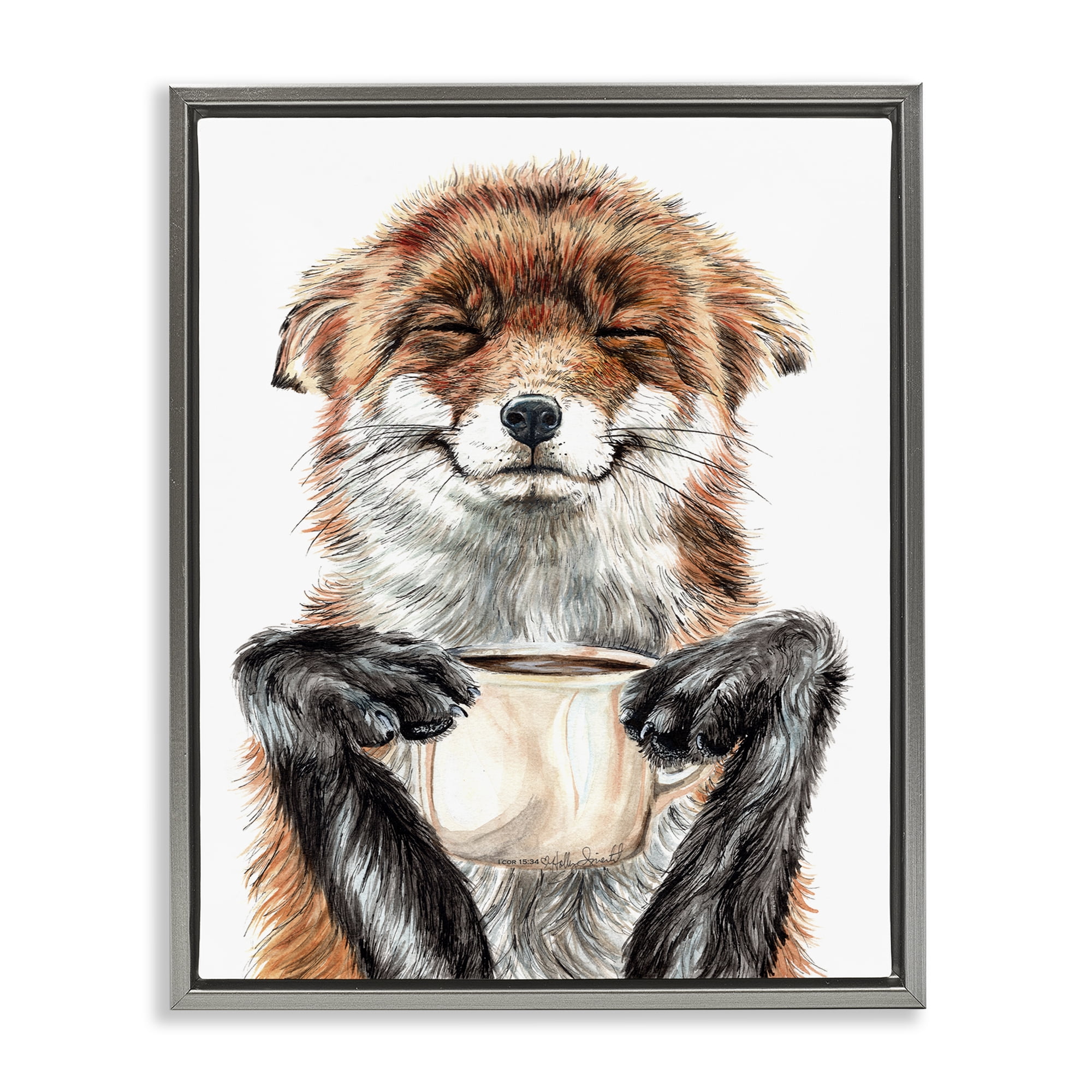 Stupell Industries Happy Fox with Coffee Animals Painting Gray Floater Framed Canvas Art Print Wall Art, 25 x 31