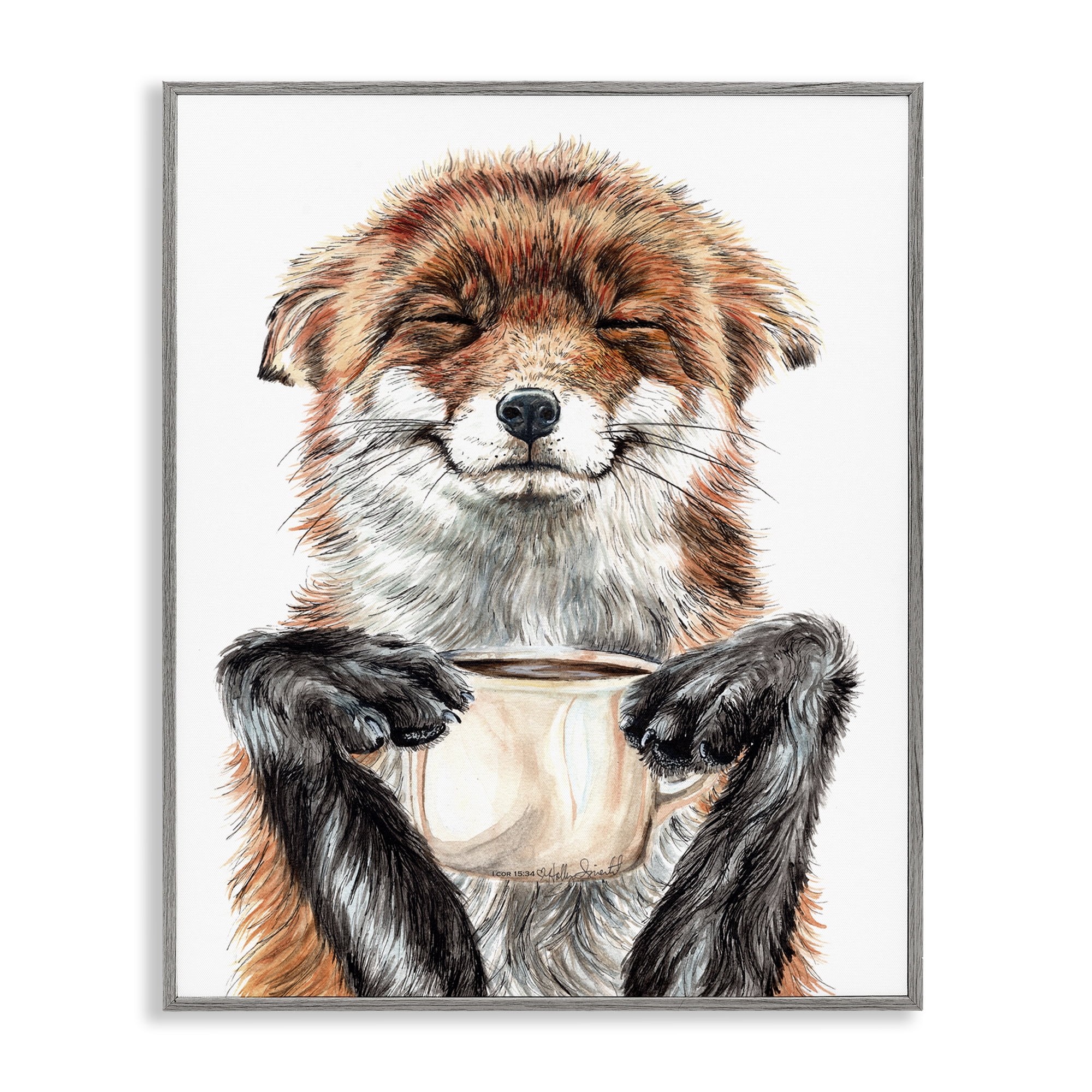 Stupell Industries Happy Fox with Coffee Animals Painting Gray Framed Art Print Wall Art, 30 x 24