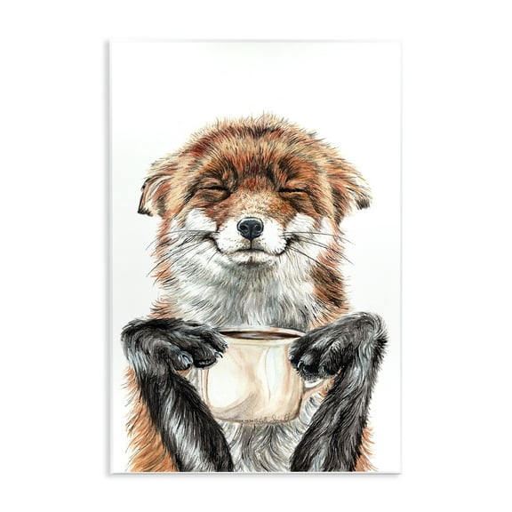 Stupell Industries Happy Fox with Coffee Animals Painting Unframed Art Print Wall Art, 15 x 10