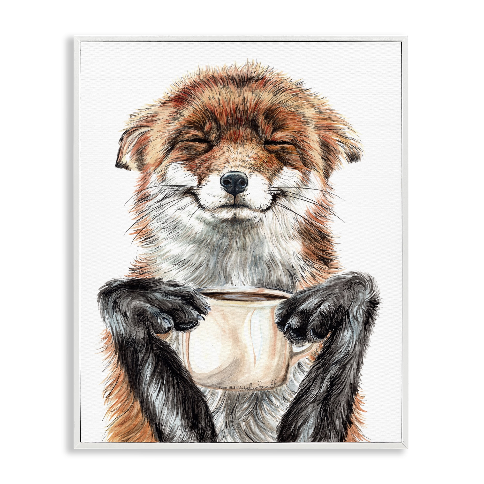 Stupell Industries Happy Fox with Coffee Animals Painting White Framed Art Print Wall Art, 20 x 16