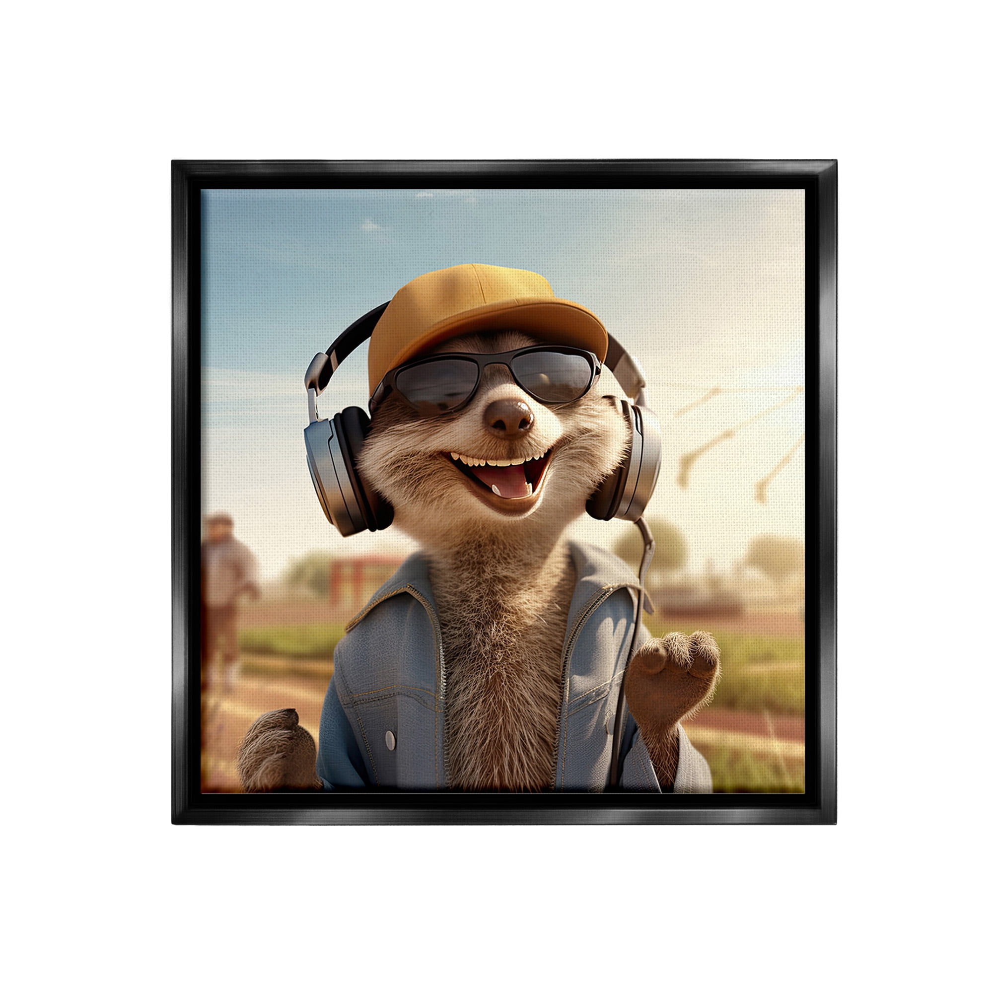 Stupell Industries Happy Fox with Headphones Animals & Insects Painting Black Floater Framed Canvas Art Print Wall Art, 25 x 25