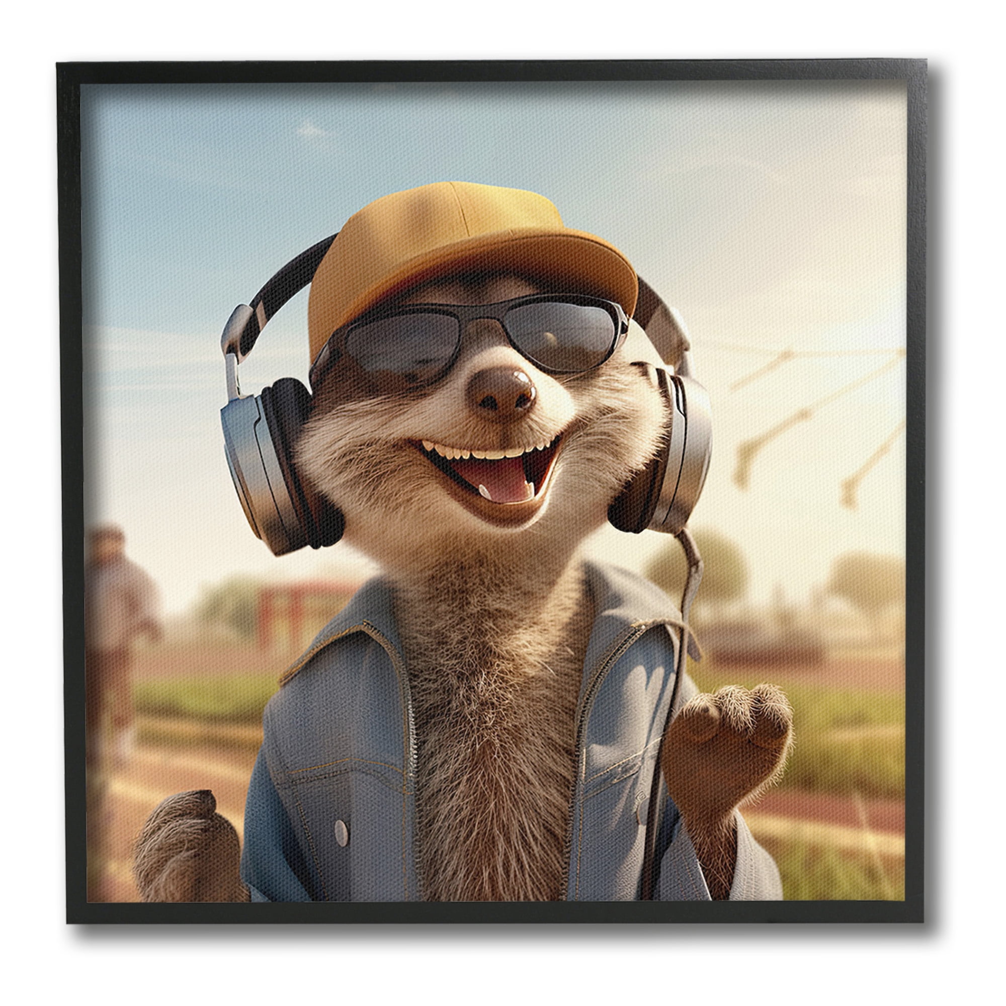 Stupell Industries Happy Fox with Headphones Animals & Insects Painting Black Framed Art Print Wall Art, 17 x 17