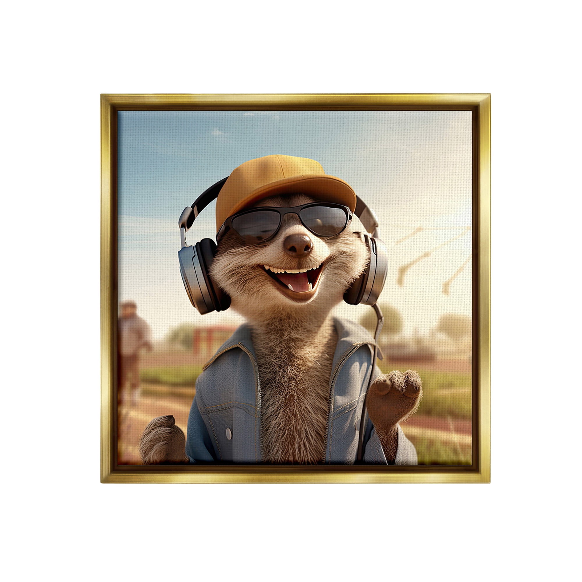 Stupell Industries Happy Fox with Headphones Animals & Insects Painting Gold Floater Framed Canvas Art Print Wall Art, 25 x 25