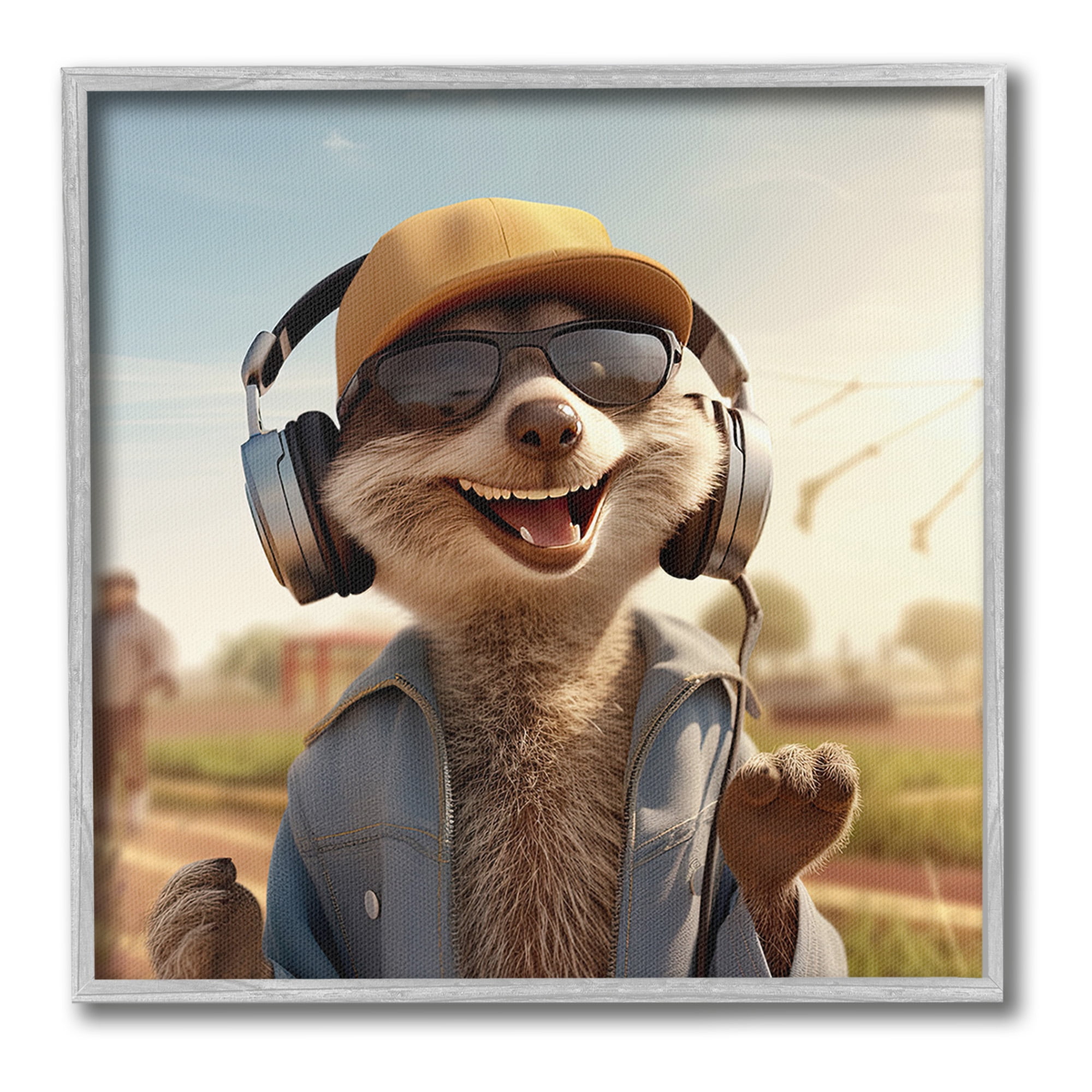 Stupell Industries Happy Fox with Headphones Animals & Insects Painting Gray Framed Art Print Wall Art, 17 x 17
