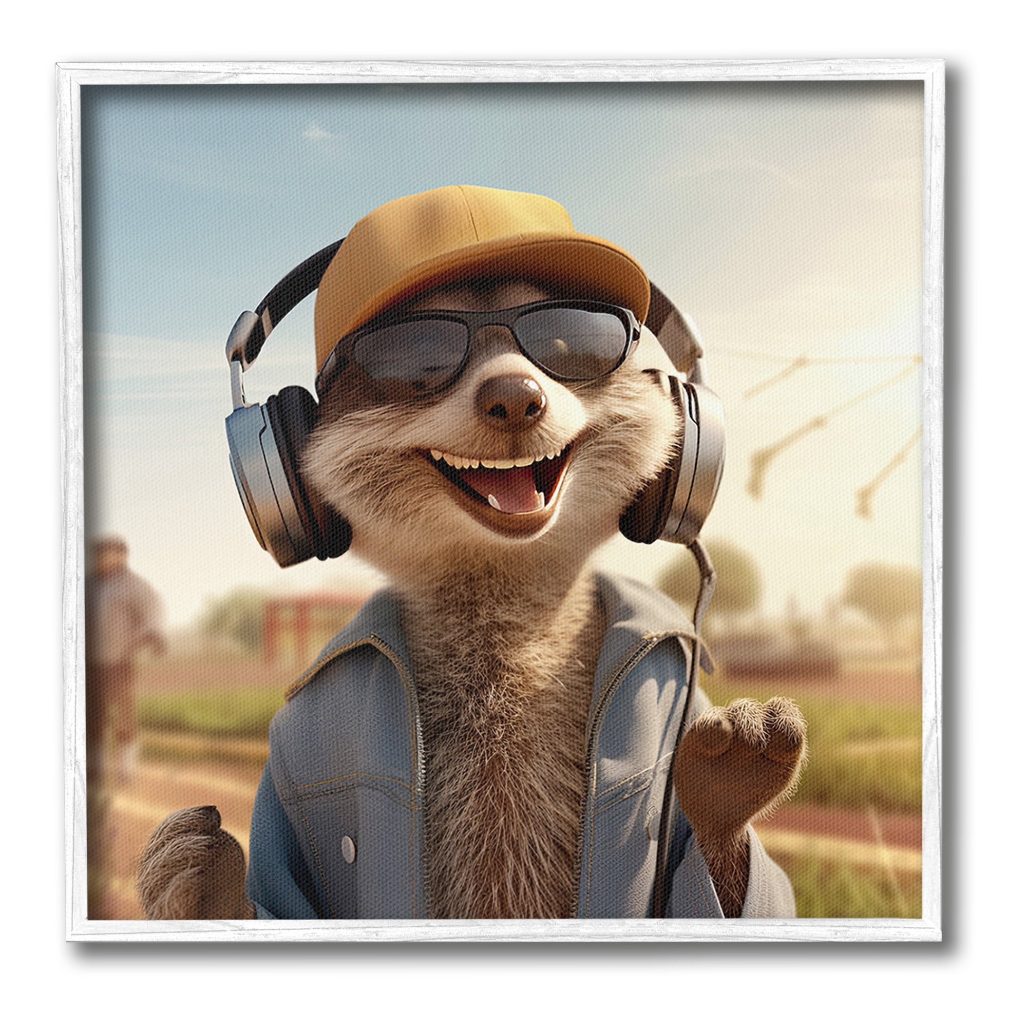 Stupell Industries Happy Fox with Headphones Animals & Insects Painting White Framed Art Print Wall Art, 24 x 24