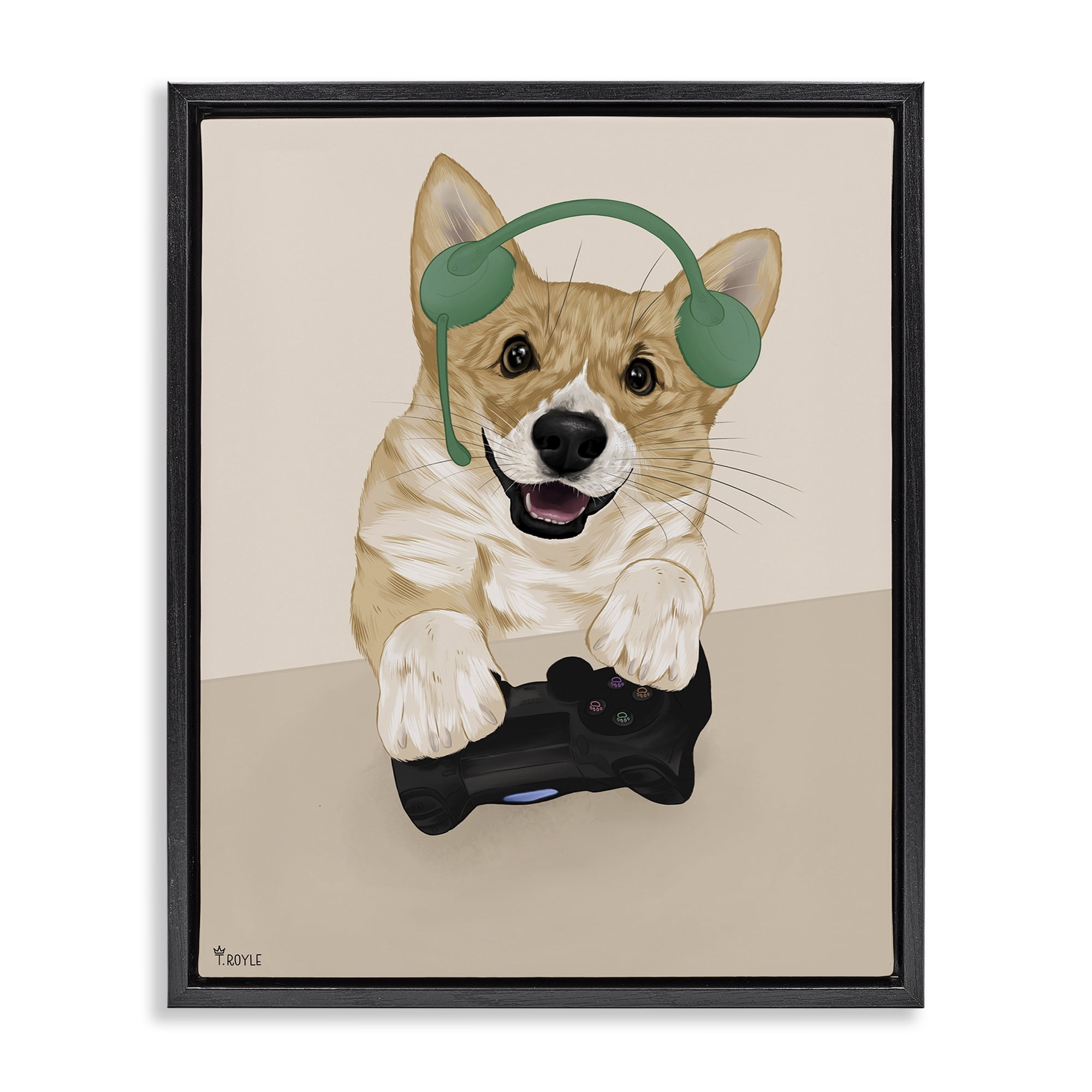 Stupell Industries Happy Gamer Dog Animals & Insects Painting Black Floater Framed Art Print Wall Art, 25 x 31
