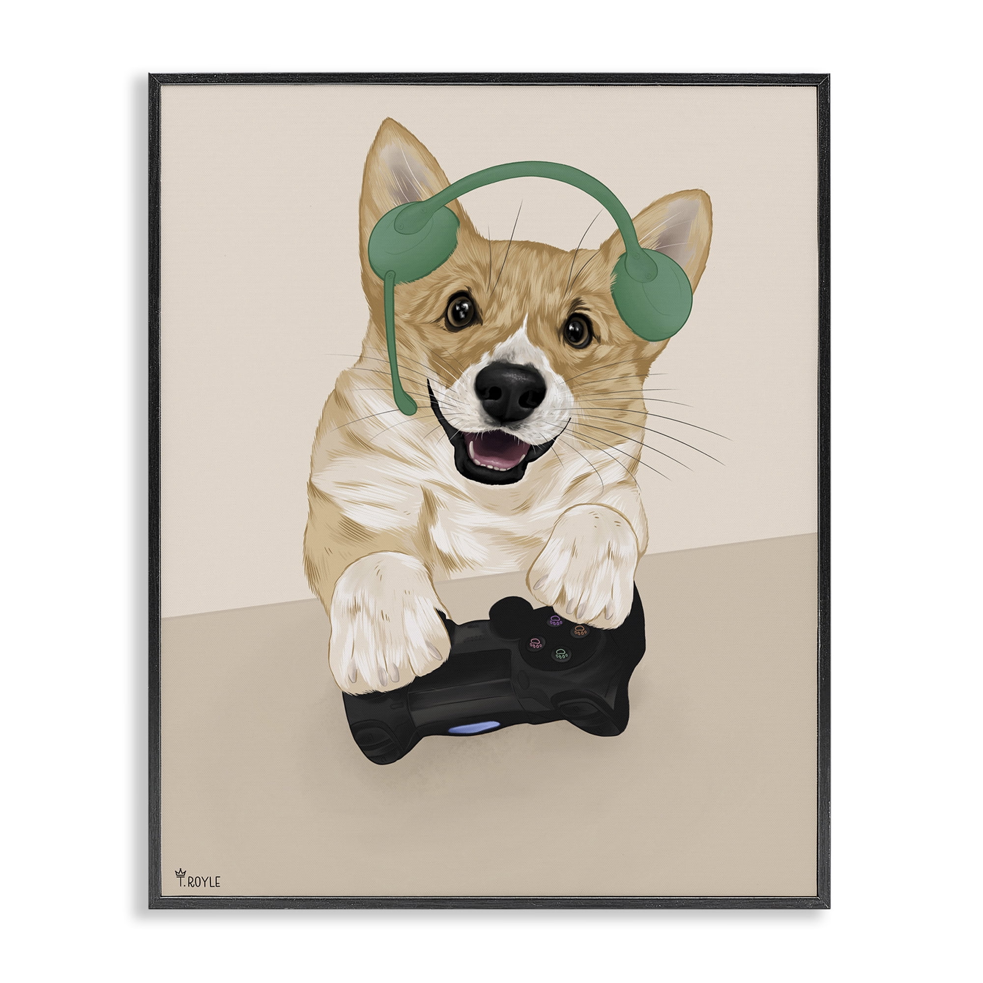 Stupell Industries Happy Gamer Dog Animals & Insects Painting Black Framed Art Print Wall Art, 24 x 30