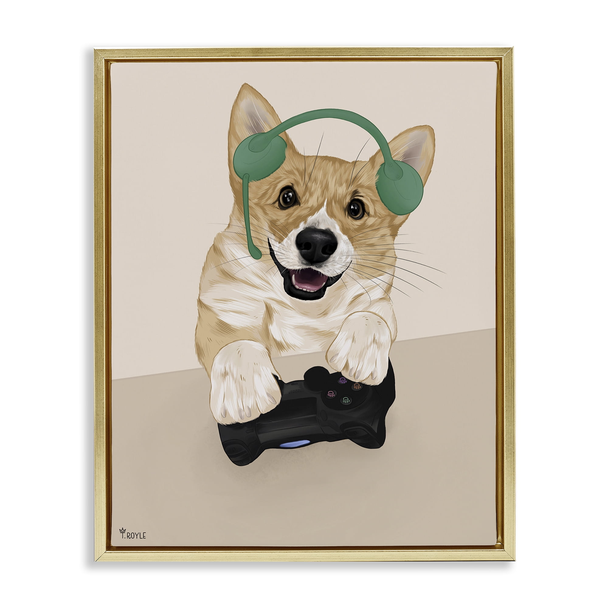 Stupell Industries Happy Gamer Dog Animals & Insects Painting Gold Floater Framed Art Print Wall Art, 25 x 31