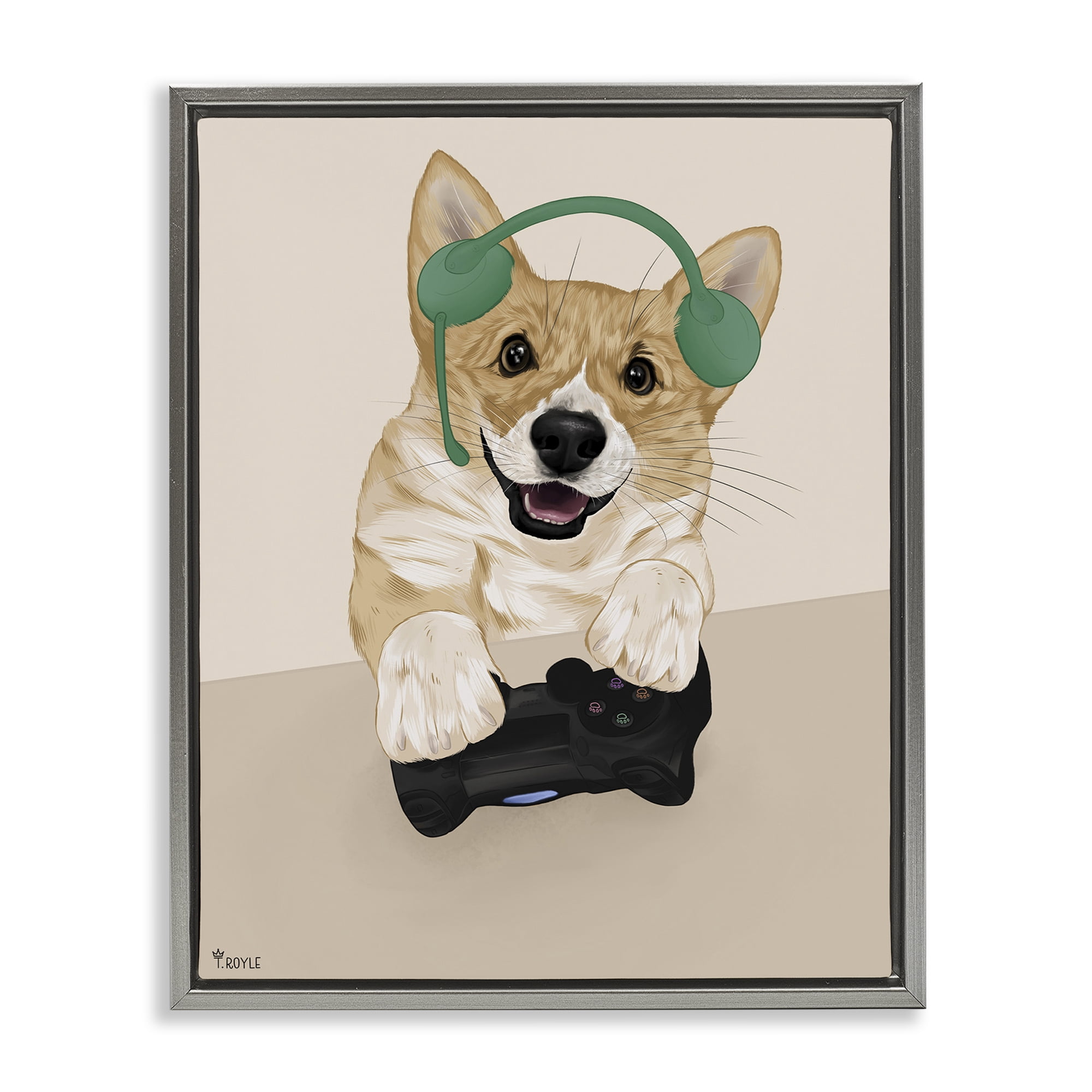 Stupell Industries Happy Gamer Dog Animals & Insects Painting Gray Floater Framed Art Print Wall Art, 17 x 21