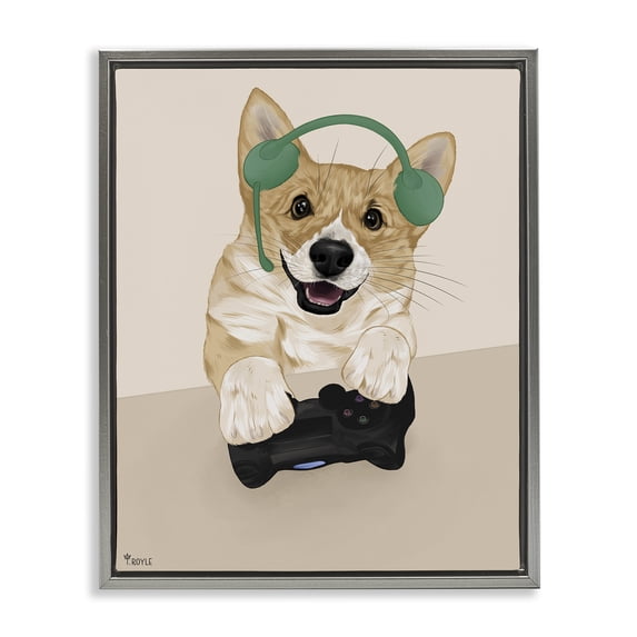 Stupell Industries Contemporary Happy Gamer Dog Gray Floating Frame Canvas Art, 17 x 21, by Tara Royle
