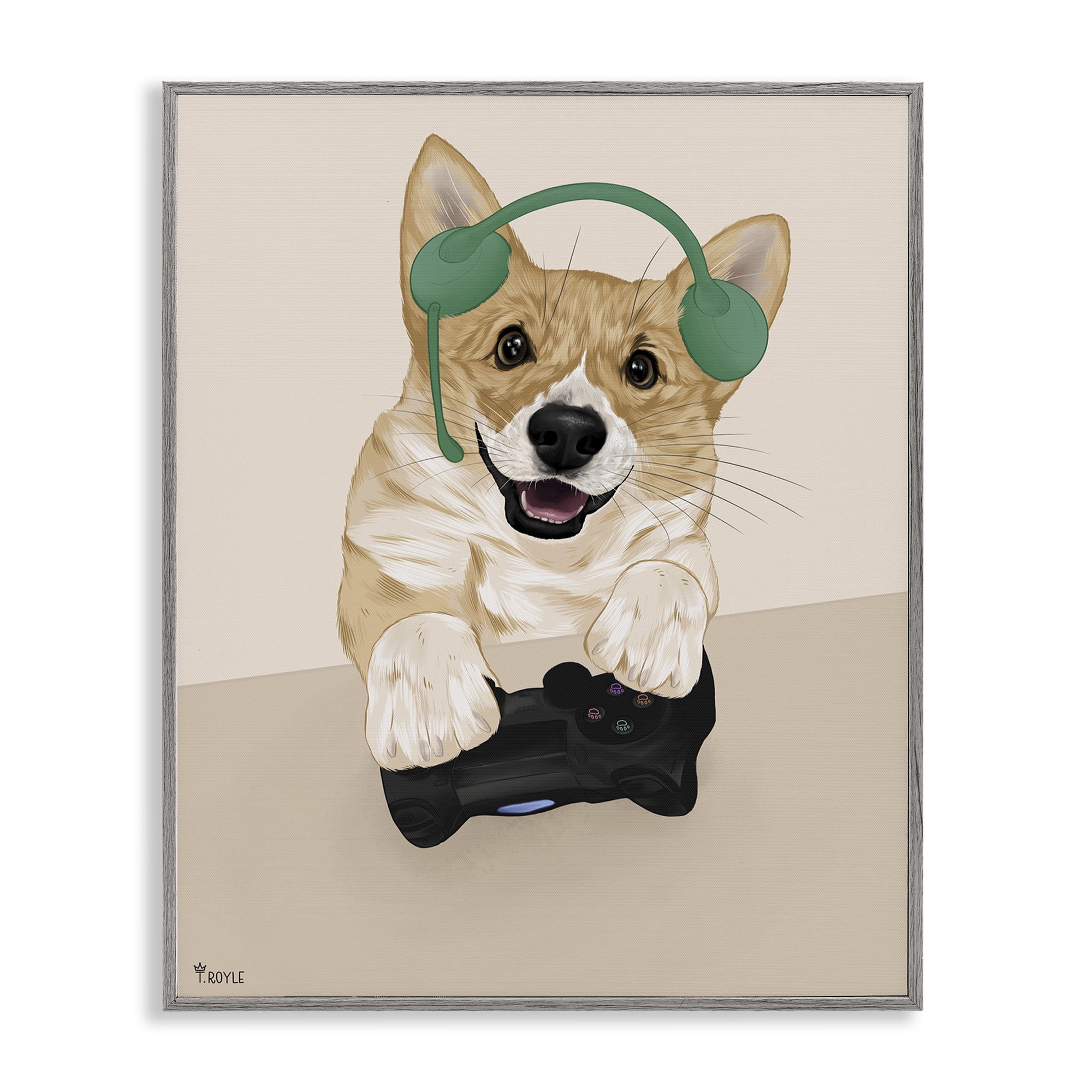 Stupell Industries Happy Gamer Dog Animals & Insects Painting Gray Framed Art Print Wall Art, 11 x 14