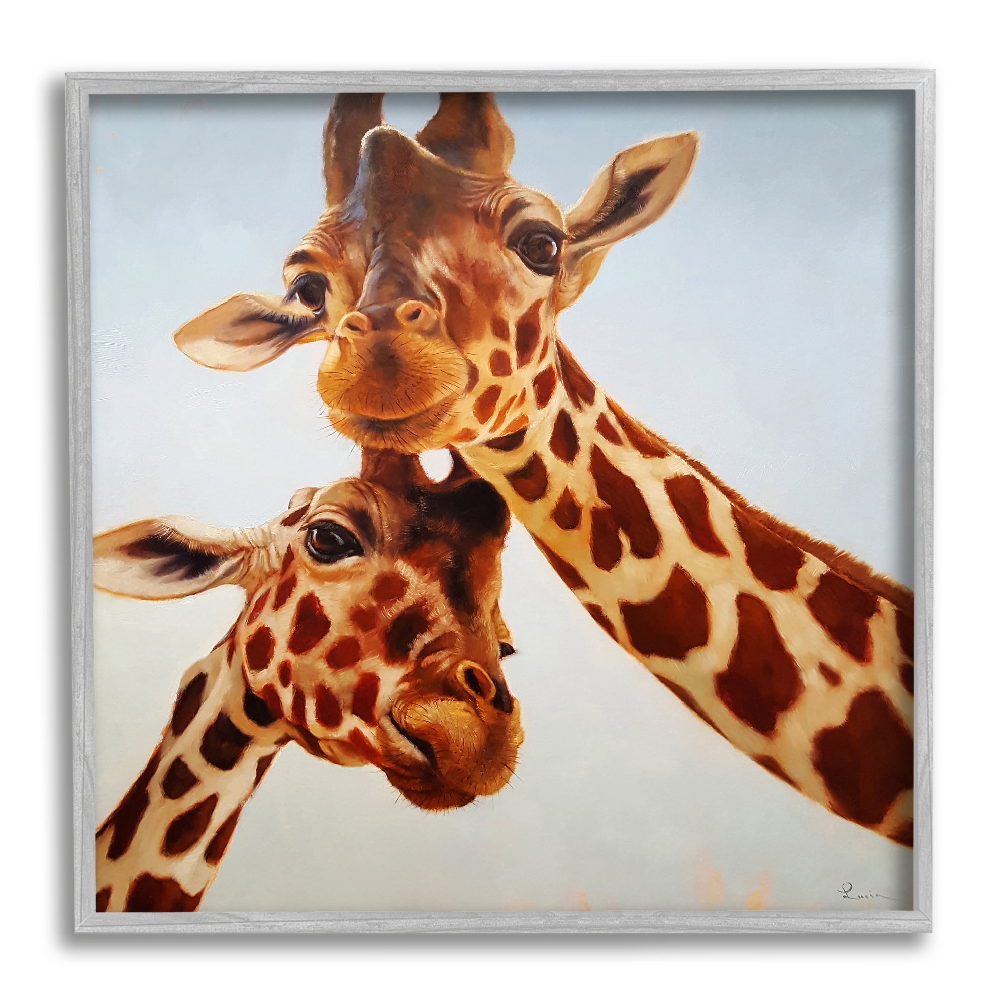 Stupell Industries Happy Giraffe Duo Portrait Animals & Insects Painting Gray Framed Art Print Wall Art