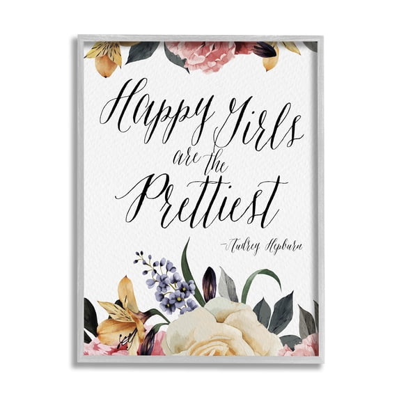 Stupell Industries Happy Girls Are Prettiest Quote Floral Blossom Border Framed Wall Art, 11 x 14, Design by Amy Brinkman