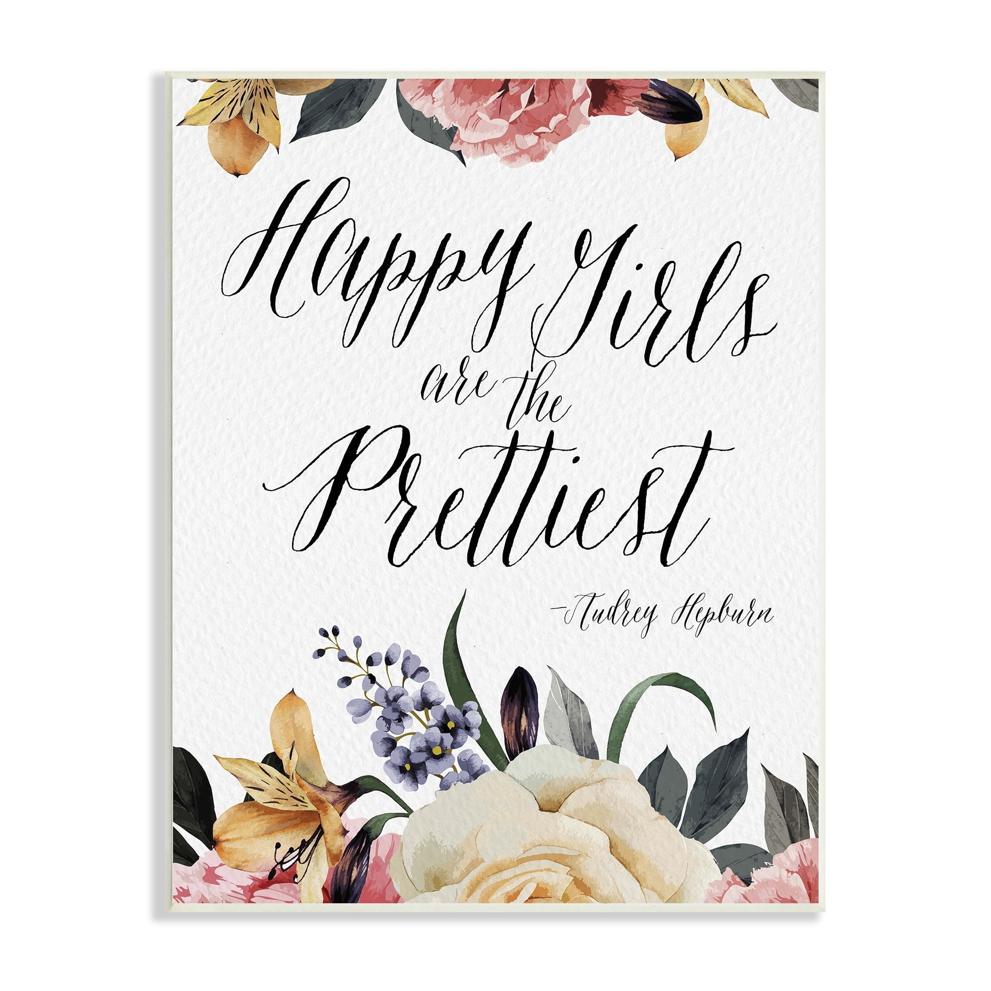 Stupell Industries Happy Girls Are Prettiest Quote Floral Blossom Border Wood Wall Art, 10 x 15, Design by Amy Brinkman