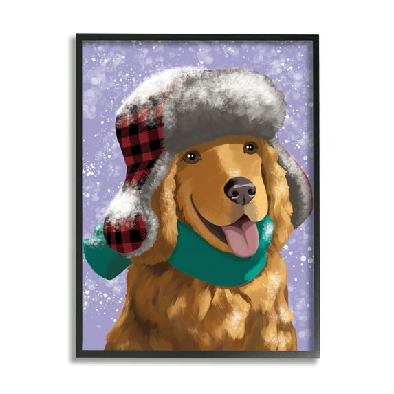 Stupell Industries Happy Golden Retriever in Winter Snow Hat Animals & Insects Painting Black Framed Art Print Wall Art, 24 x 30