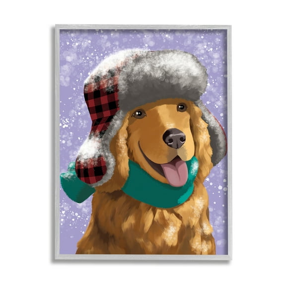 Stupell Industries Happy Golden Retriever in Winter Snow Hat Animals & Insects Painting Gray Framed Art Print Wall Art, 16 x 20