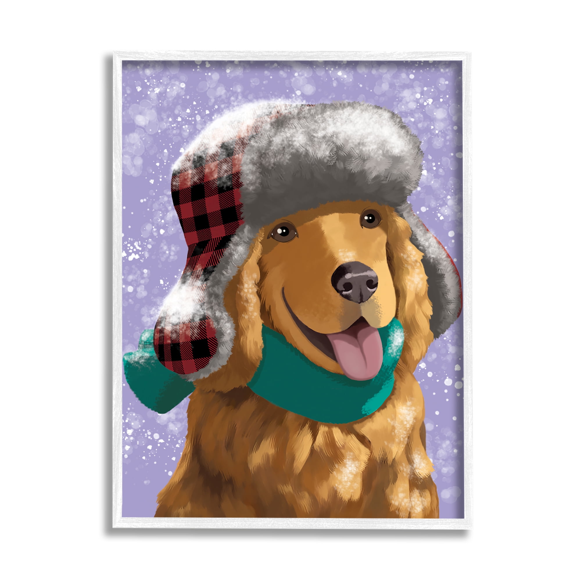 Stupell Industries Happy Golden Retriever in Winter Snow Hat Animals & Insects Painting White Framed Art Print Wall Art, 24 x 30