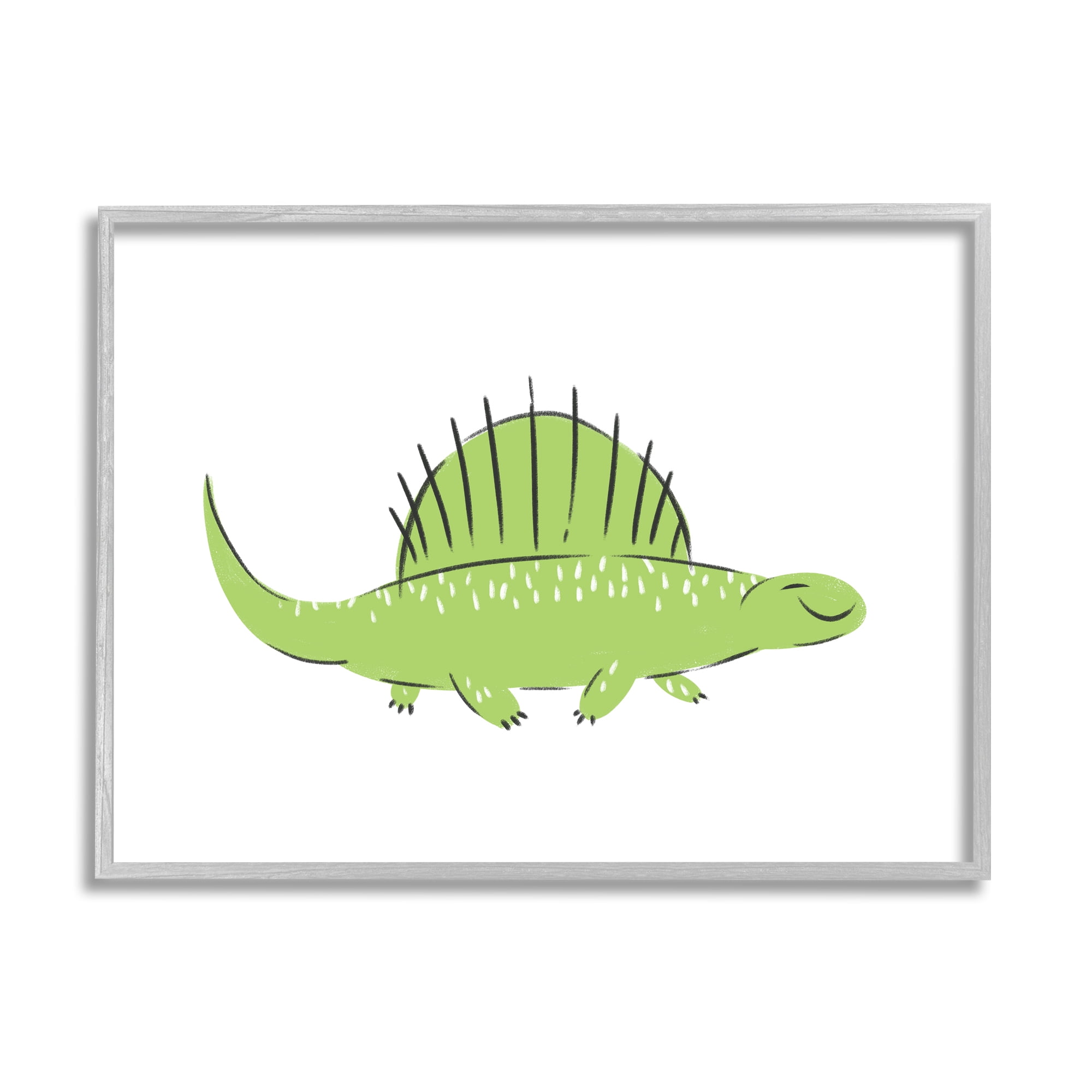 Stupell Industries Happy Green Dinosaur Small Finned Kids Reptile Modern Painting Gray framed Art Print Wall Art, 11 x 14, Design by Ziwei Li