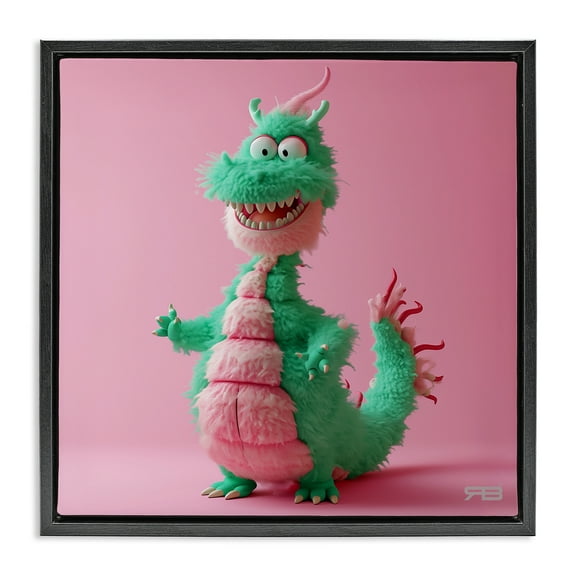 Stupell Industries Happy Green Dragon Fantasy & Sci-Fi Painting Black Floater Framed Canvas Art Print Wall Art, 18 x 18