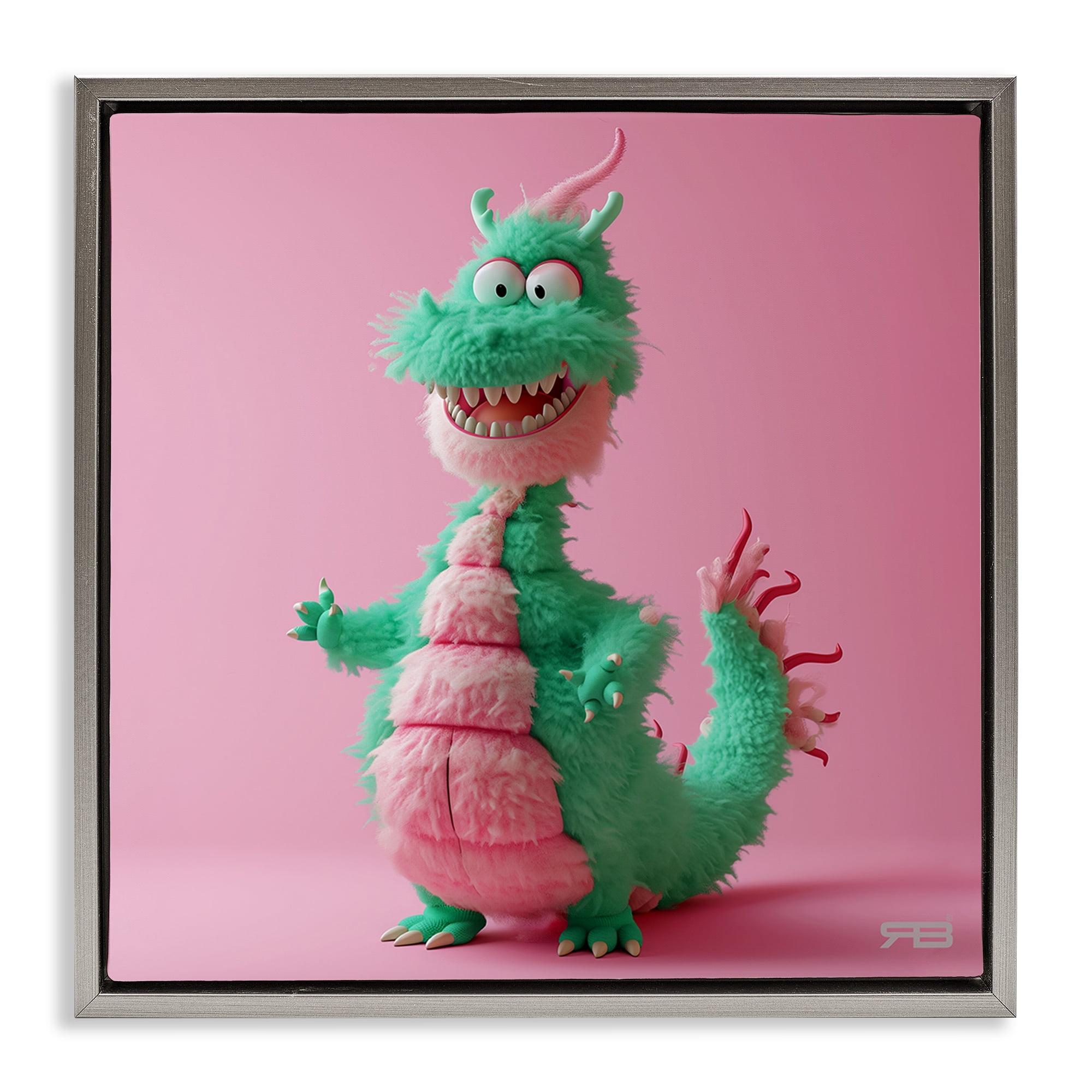 Stupell Industries Happy Green Dragon Fantasy & Sci-Fi Painting Gray Floater Framed Canvas Art Print Wall Art, 18 x 18