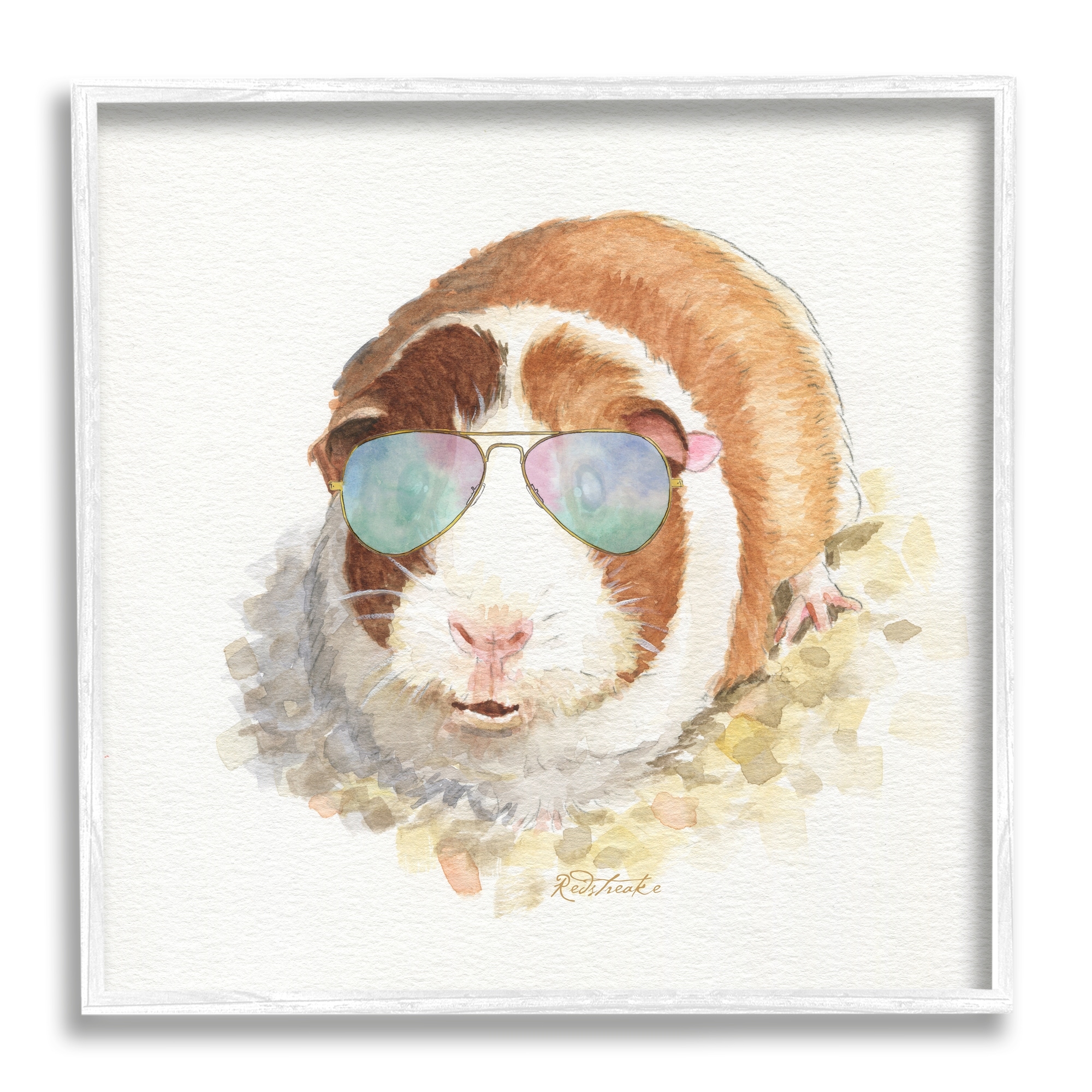 Stupell Industries Happy Guinea Pig Wearing Sunglasses Cheerful Watercolor Detail Painting White Framed Art Print Wall Art, Design by Jennifer Redstreake