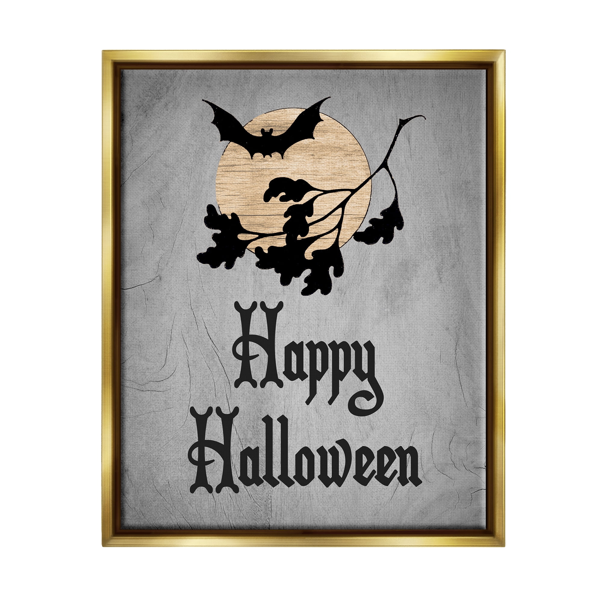 Stupell Industries Happy Halloween Bats Holiday Painting Gold Floater Framed Canvas Art Print Wall Art, 17 x 21