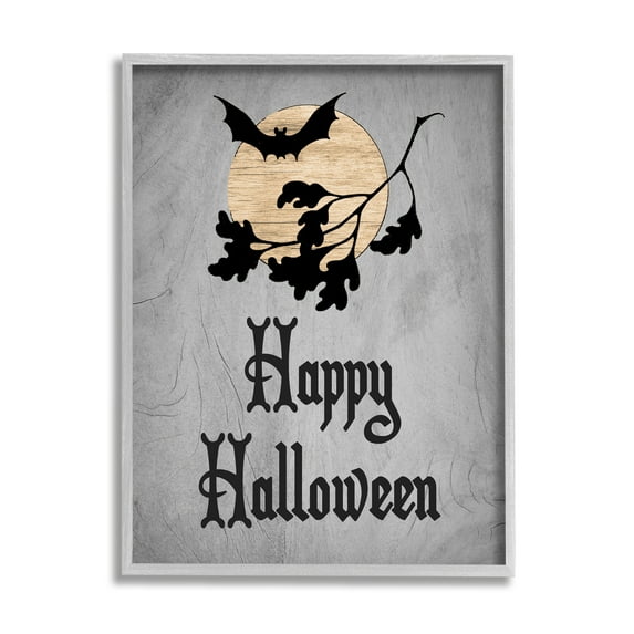 Stupell Industries Happy Halloween Bats Holiday Painting Gray Framed Art Print Wall Art, 11 x 14