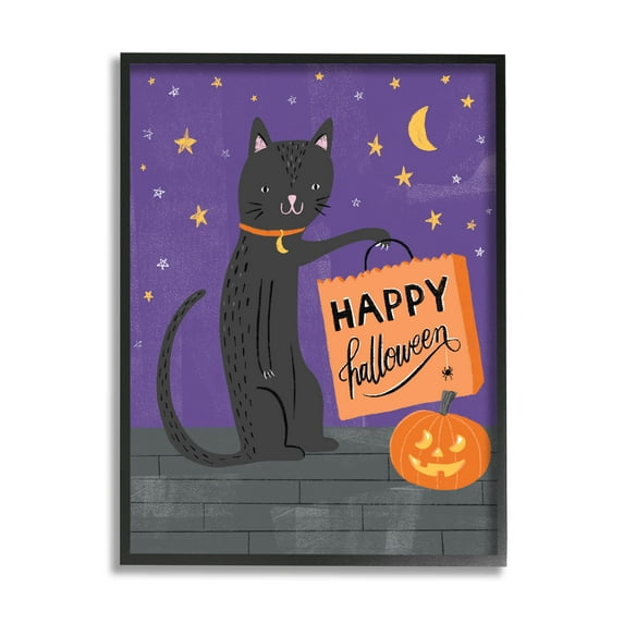 Stupell Industries Happy Halloween Black Cat Graphic Art Black Framed Art Print Wall Art, Design by Amanda McGee
