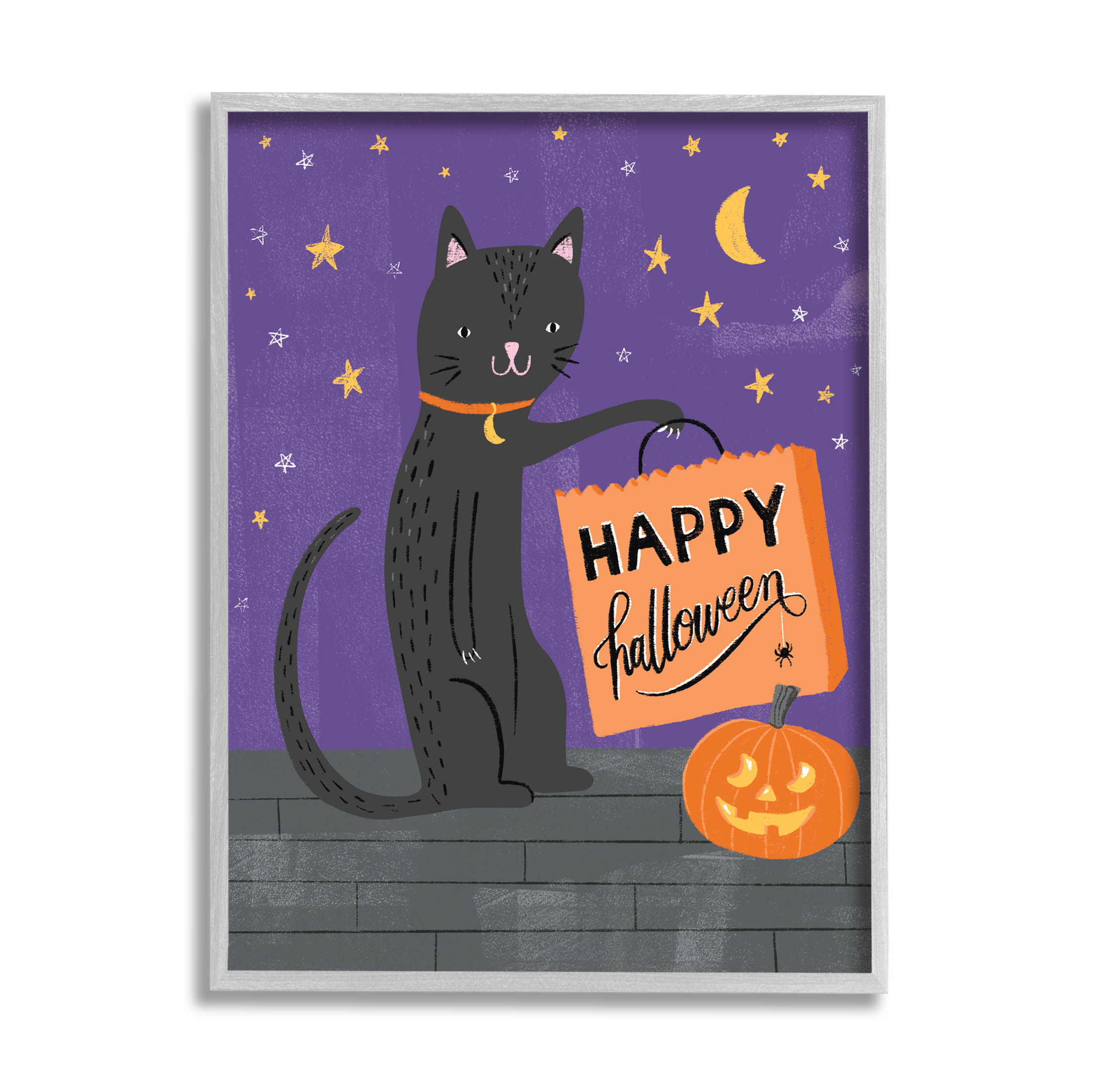 Stupell Industries Happy Halloween Black Cat Graphic Art Gray Framed Art Print Wall Art, Design by Amanda McGee
