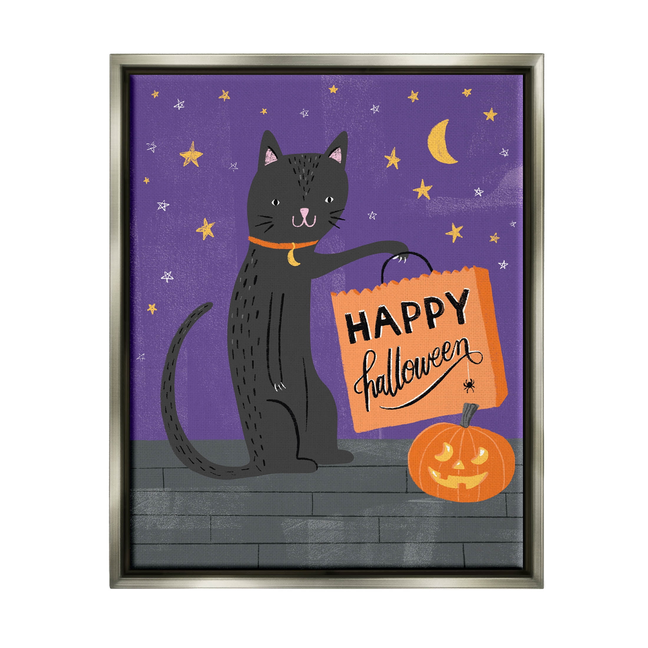 Stupell Industries Happy Halloween Black Cat Graphic Art Luster Gray Floating Framed Canvas Print Wall Art, Design by Amanda McGee