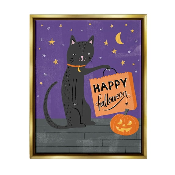 Stupell Industries Happy Halloween Black Cat Graphic Art Metallic Gold Floating Framed Canvas Print Wall Art, Design by Amanda McGee